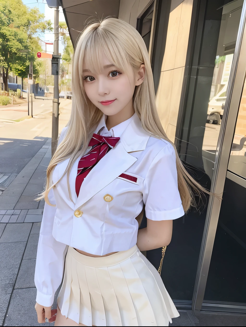 ( Masterpiece, highest quality), 98k, ((Perfect Anatomy:1.3)),Beautiful Japanese Women, Succubus,alone, 18-year-old, Small face,Cute face:1.2,Smiling, Larger breasts, ,Beautifully detailed round eyes, Evenly spaced eyes 1.2, Long platinum blonde hair,Random Hair, (Highly detailed face and skin texture), Beautiful face in golden proportions,White skin,Accentuate your beautiful legs,(Student uniform:1.2),Random sexy poses, Sunny day,(Standing like a model:1.3)
