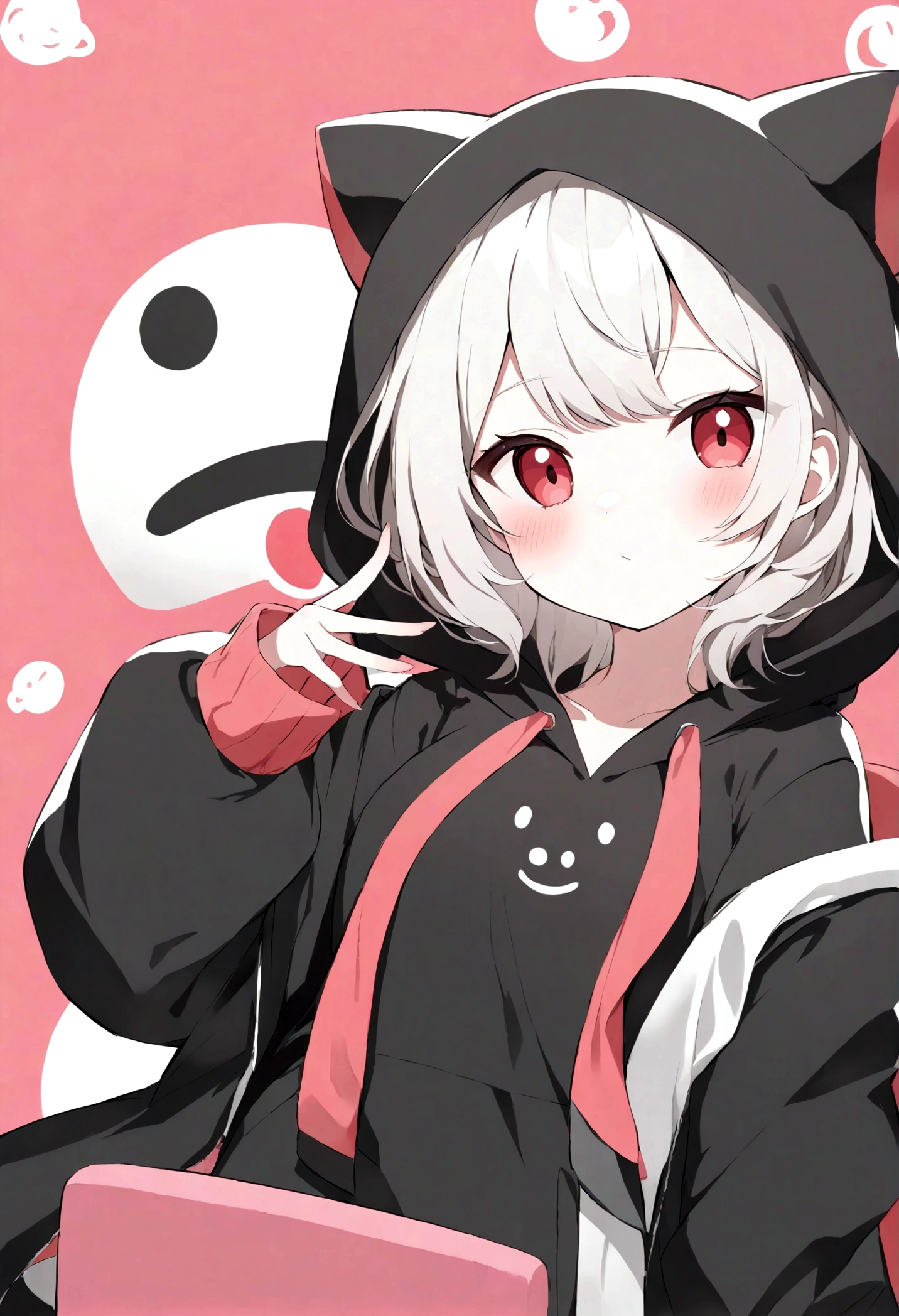 wanita berusia 16 tahun dengan hoddie merah hitam,lalu banyak tv dibelakng nya dan ber emoji senyum berwarna hitam di tv nya,