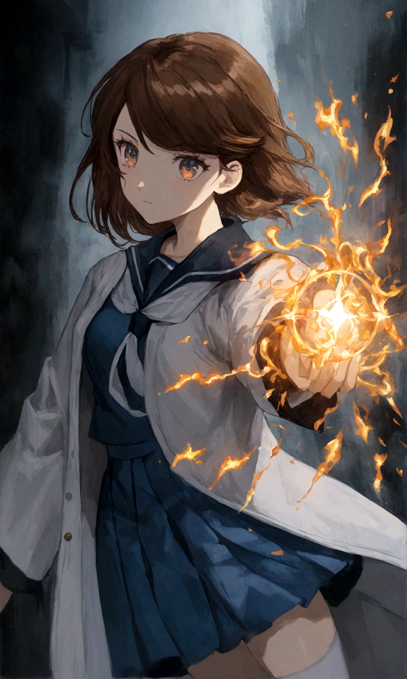 (full bodyesbian:1.2), (hair swept bangs:1.3) (brown hair:1.3), a close up of a woman in a blue dress and white socks, loose coat collar sailor uniform, fantasy style clothing, sakimichan, japanese clothes, style anime, magical school student uniform, witchcore clothes, magic , lolita style, anime girl cosplay, jk uniform, victorian blue dress, decorative dark blue clothing, gloomy style, anime set style, (beautiful detailed face),(Beautiful and delicate eyes),