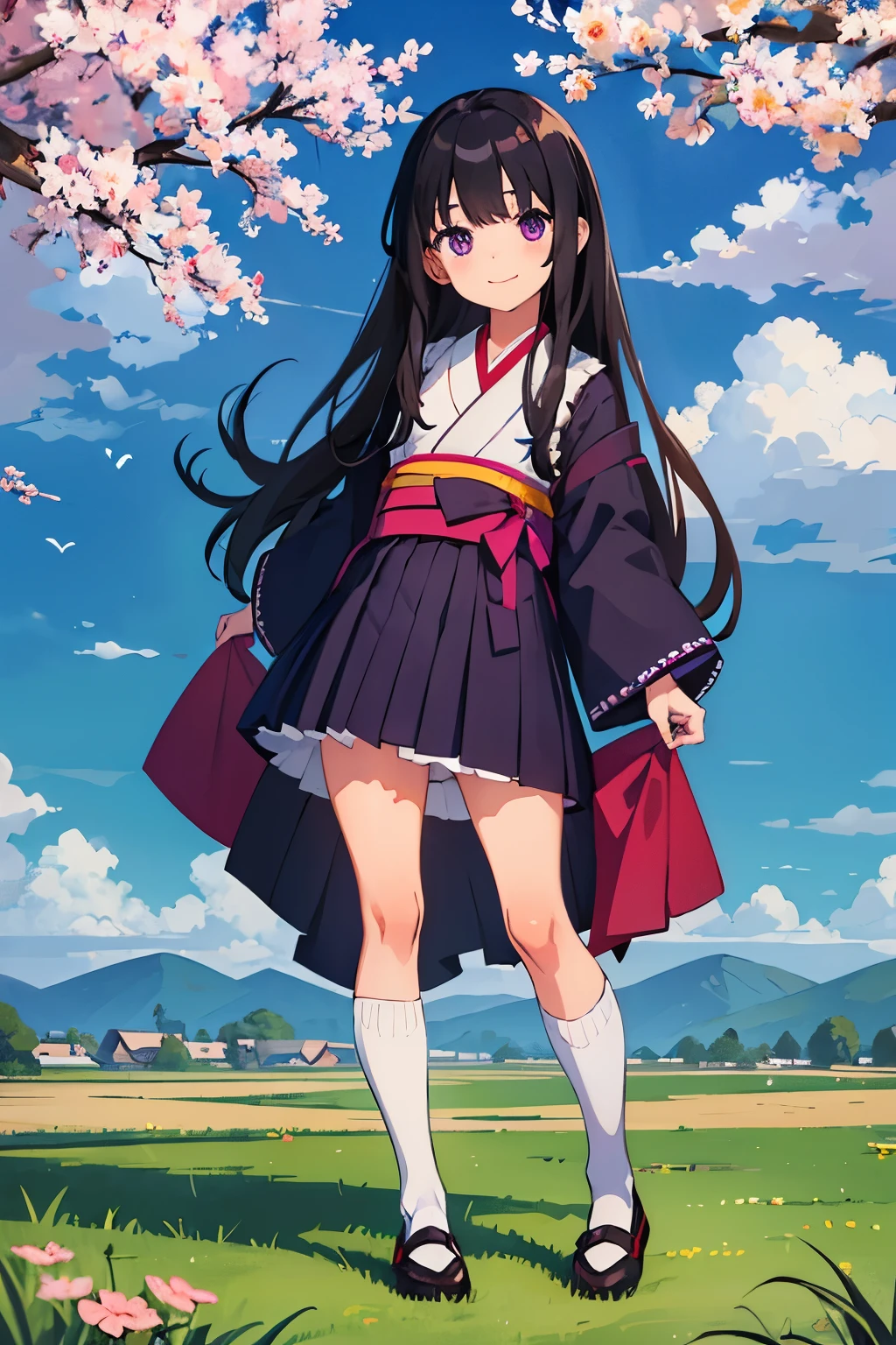 , 8 years old, flat chest,ir, long hair, purple eyes, smiling(one person) Upper body: Taisho period kimono Lower body: Hakama from the Taisho period White panties((I can see her panties))White socks Brown boots Rural landscape Dynamic angle Low angle