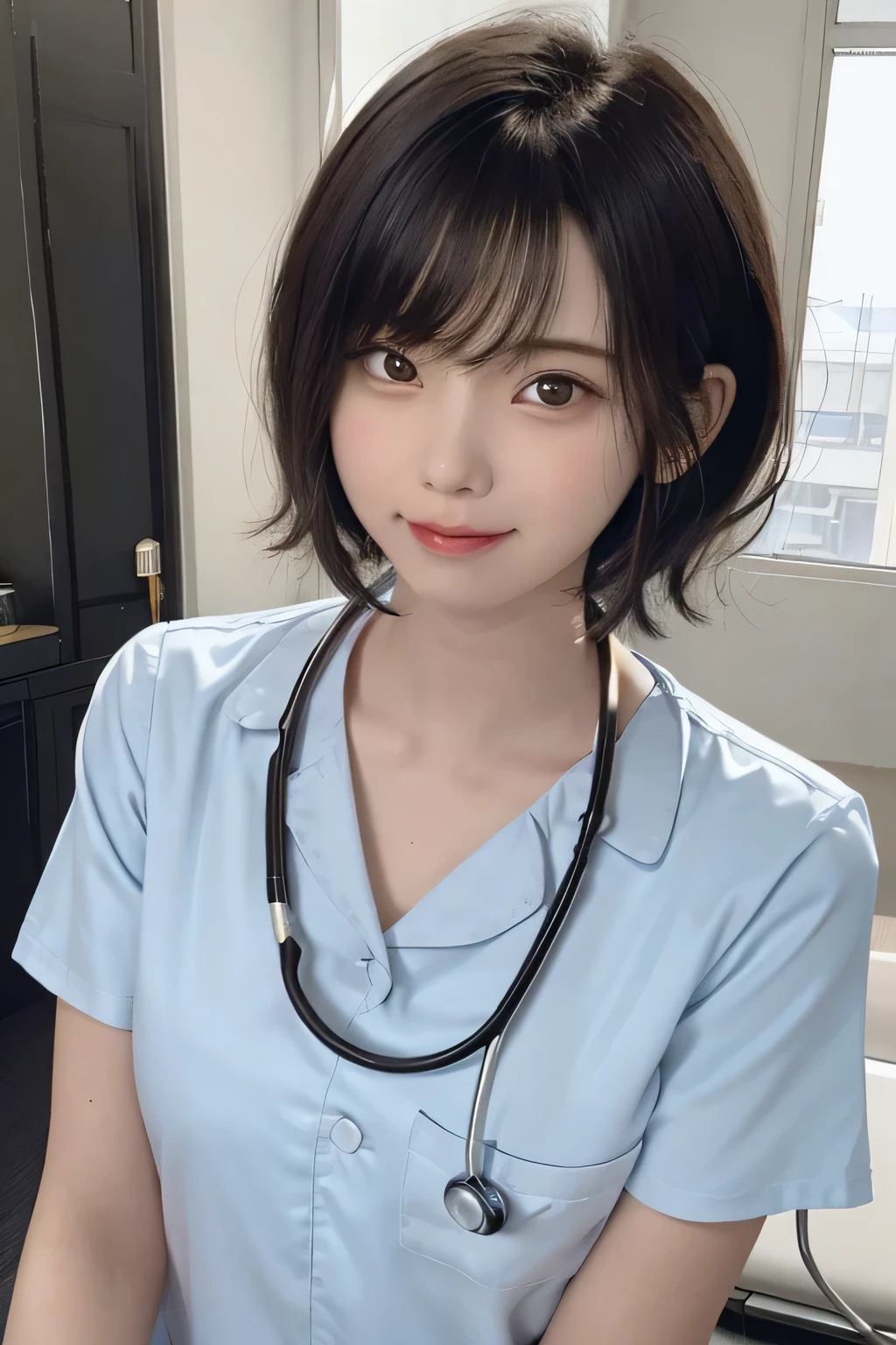 205 ((short hair)), 20-year-old female, Surrealism, Flower Smile、Black Hair、ear piercing、nurse、Nurse uniform、Stethoscope、The background is in the room、Mask on mouth