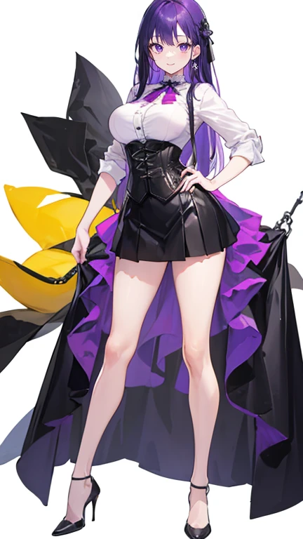 Purple Hair,Long Hair,Adult female,White Y-shirt,((Roll up her sleeves)),(corset),(Black tight skirt),(High heels),((Simple white background)),smile,((full body)),((whole body)),