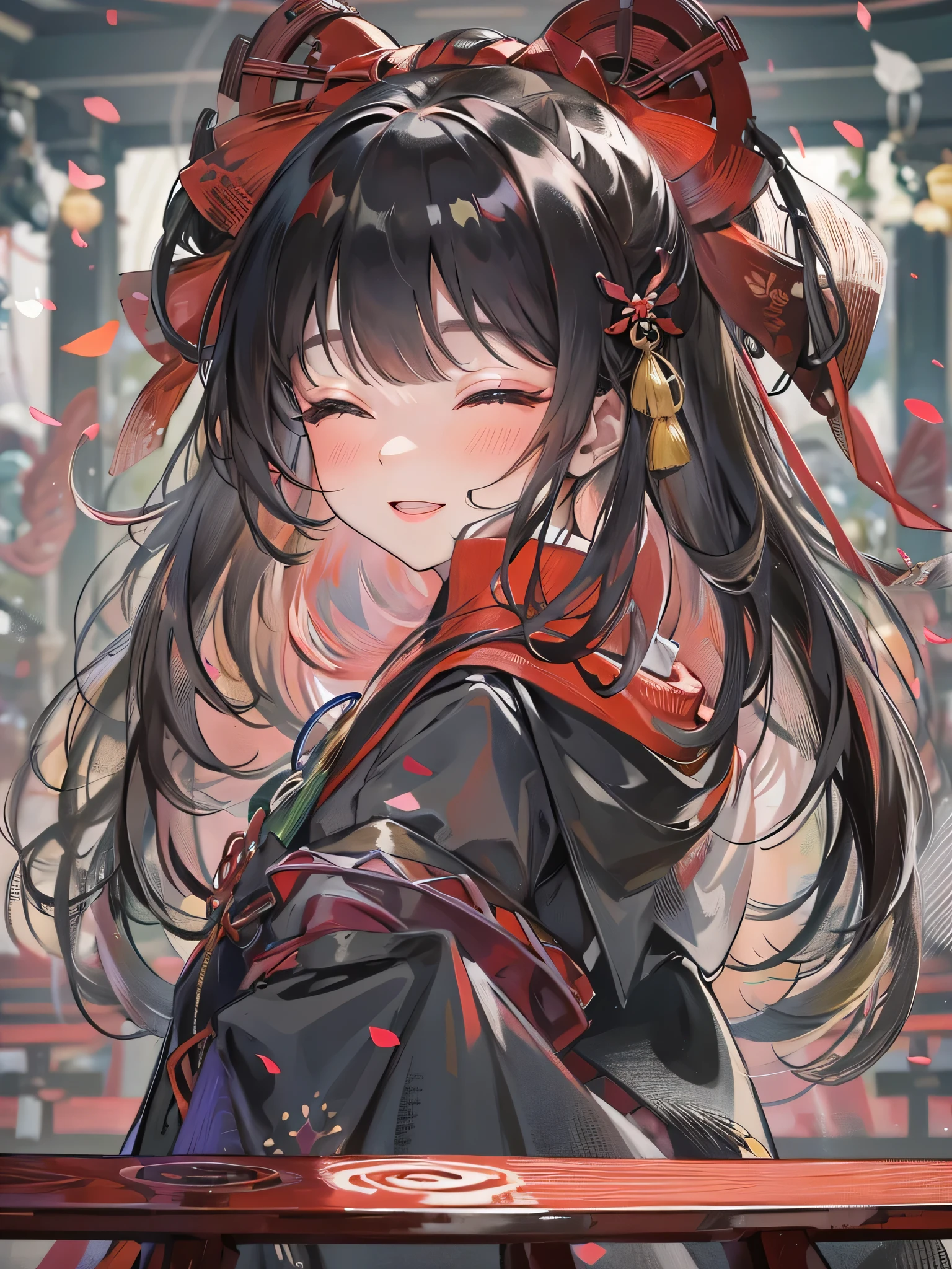 (wonder style), (solo, make-up) ((blunt bangs)) black hair long hair shrine maiden cute girl, sexy closed eyes, sexy smile, in a shrine maden clothes, in the Dazaifu Tenmangu Shrine, BREAK, (perfect anatomy, masterpiece, best quality, 16k, beautiful detailed grow, daydreaming expression).