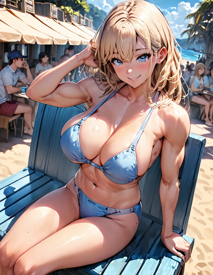 "Relaxed smiling young woman、Enjoy the sunny beach atmosphere。,Sitting on a blue bench、Drinks in hand. She is wearing a blue bikini top and blue bikini underwear.,convey a laid-back atmosphere. In her head「c」For baseball caps「 &References;,Enjoying the warmth of the sun and the gentle breeze. The surrounding area is crowded with other tourists and beach umbrellas..,capturing the essence of a laid-back day at the beach.",Big Breasts,Muscular，Muscular，bodybuilding