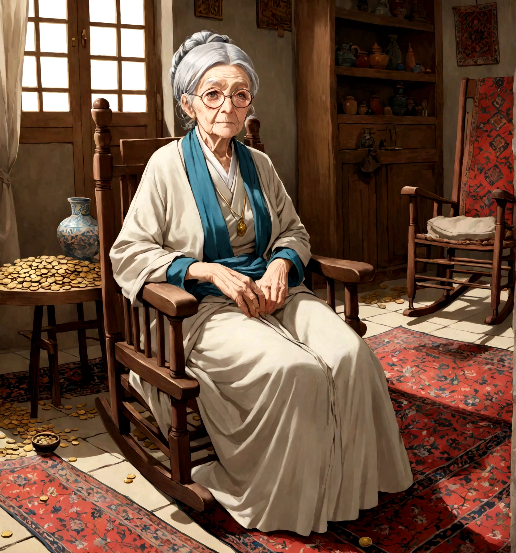 An 86-year-old lady in old clothes, gray hair tied up, her soft gaze shining as she looks straight ahead, wearing glasses and an expression marked by time, an ancient healer, she is sitting in a rocking chair in a large room with beautiful Persian carpet with several coins scattered on the floor. She's looking at the camera for high-resolution, HD, and high-definition images.