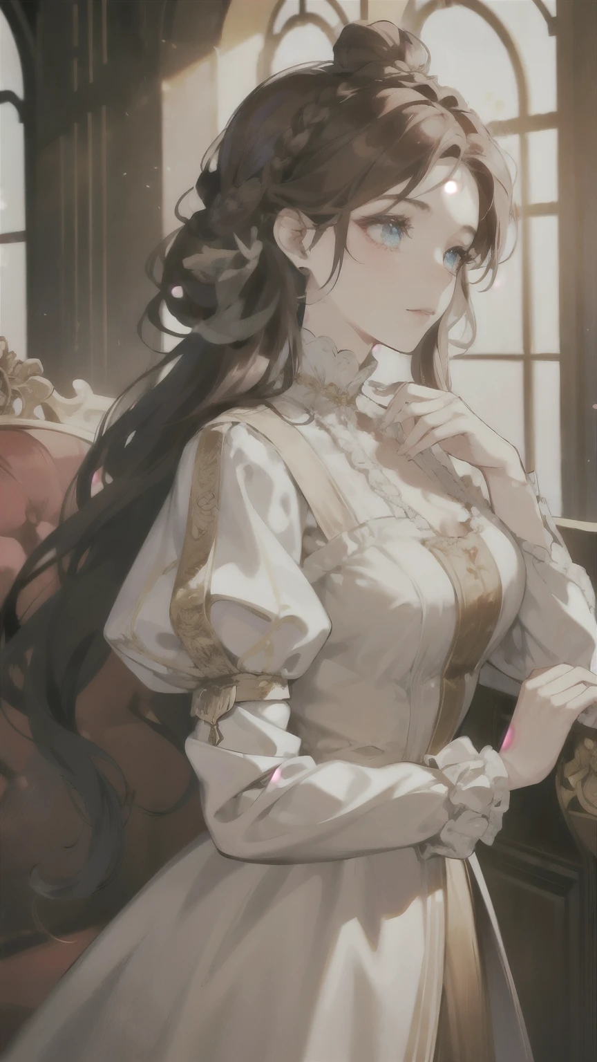 (absurd, High resolution, Super detailed), Beautiful aristocratic woman of victorian era, Europe in the 18th century, reddish brown hair,Exquisite high bun braid hairstyle, curls, elegant ballroom dress, Standing in the luxurious banquet hall, Delicate and meticulous, 8K, Reality, Dramatic Lighting, high quality, Complex design, classical portrait, , enlarged texture, Exquisite eyes and face details, Perfect eyes, matching eyes