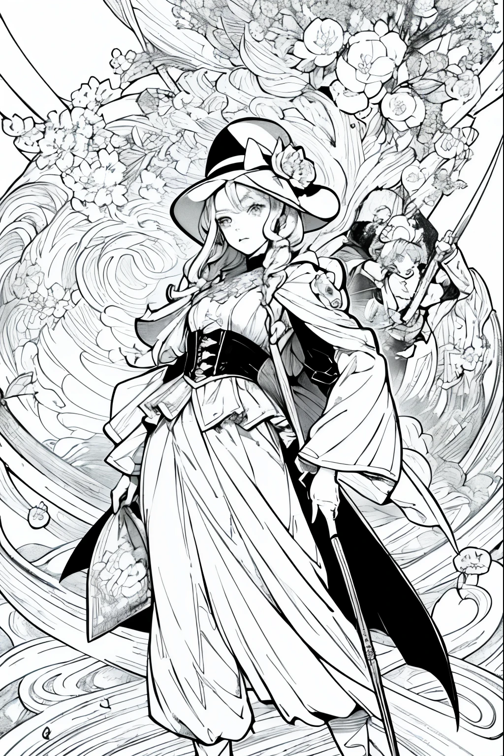 A painting of a costumed woman holding a hat and a walking stick, Manga drawn by Junpei Sato, Pixiv, Gothic art, pencil and Ink Manga, Beautiful line art, Pencil and ink cartoon, Shirow Masamuneスタイル, Shirow Masamune, Ink Manga, Very detailed fan art, Complex manga drawing