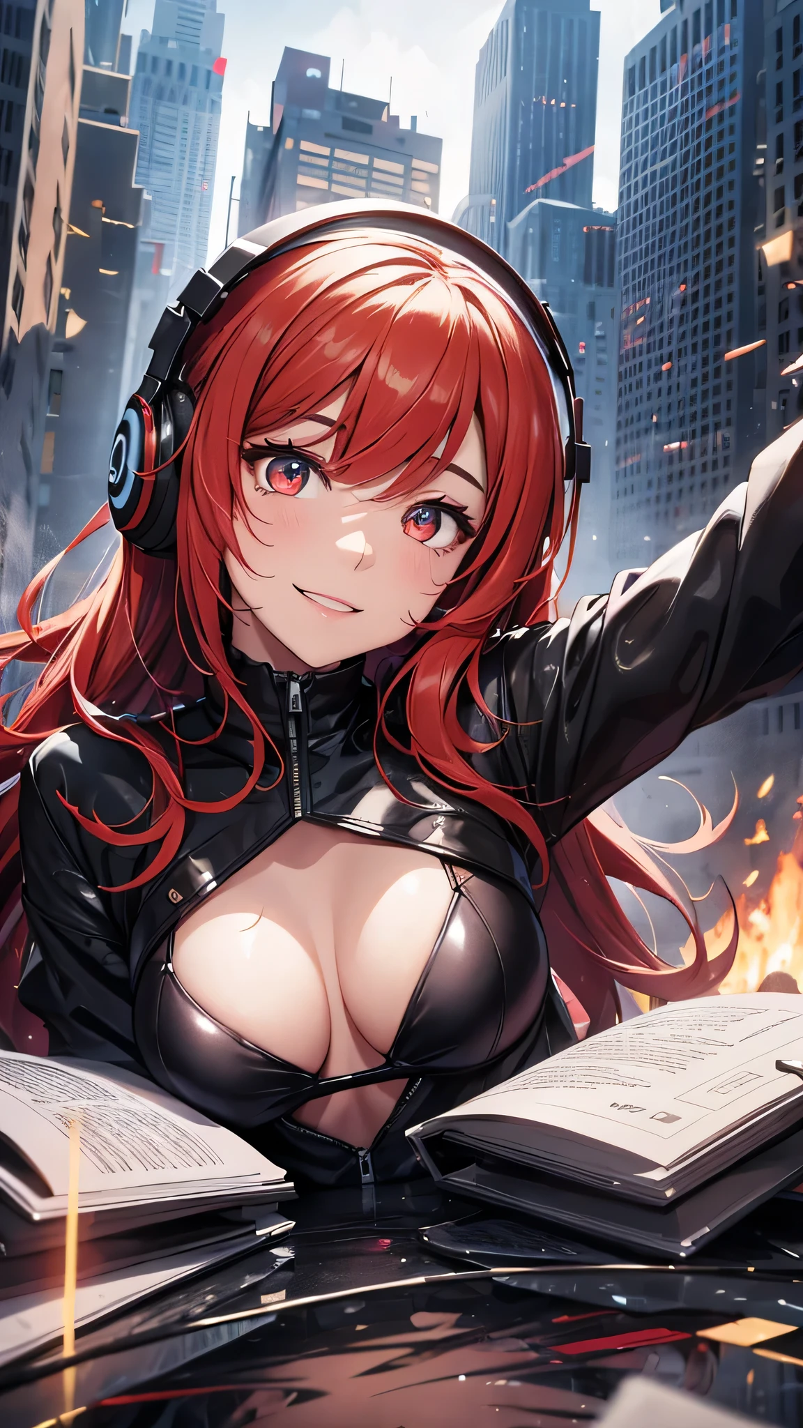 Highest quality、Highest quality、Masterpiece、girl((half、18-year-old、as soon as、Highest Bust、Medium Bust、Wide open chest、Red glowing eyes、Black Ear、Red Mesh、Disheveled Hair、Loincloth、thin、The best valley、Open chest、hair ornaments、Full body view、Black Suit、Random Pause、smile、headphone))、high quality、Beautiful Art、background((Collapsing Ground、no gravity、Floating Object、City of night、shooting star、universe))、flight、Flying Debris、Depth of text、movie、Visual Arts、Perfect Art、8K、Genuine、Special Angles