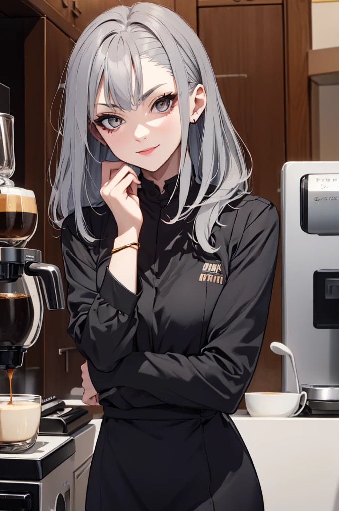 short hair,Uniform hair length,Hair color: Ash gray,The ends of my hair are curly,Barista,Mode clothing,Black V-neck long sleeve dress,Cool Beauty,Woman in her 30s,A slight smile on your lips,A mole under the left lip,Stylish cafe,Arched, kind-looking thin eyebrows,1 female,Having a Coffee Pot,highest quality,Her bangs are angled to hide her forehead,One silver bracelet on the right wrist,coffee,Simple clothing,Espresso machine in the background,Red lipstick,Precise down to the smallest detail