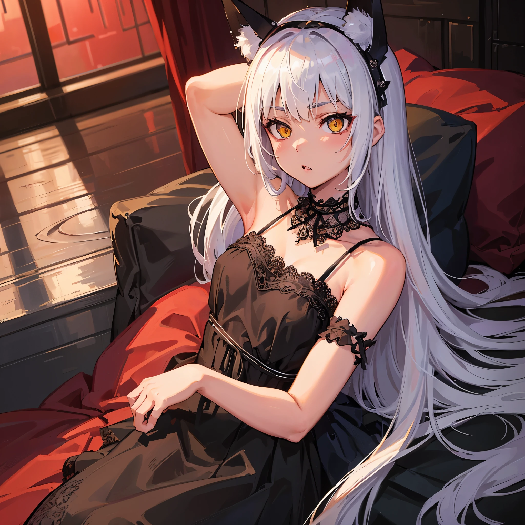 masterpiece, highest quality, Perfect Face, Highest Resolution, Highest quality,Detailed depiction of the eyes, foxy, 1 girl, young, slender body, small breasts, White Hair, Long Hair, one side braid grated, Big cat eyes, Yellow Eyes, Perfect Anatomy, Black ribbon choker, sleeveless black lace dress, lace hem, headpiece, Bare arms, temptation, provocative, Future City, Red Light District, night, rain, indoor, bed room, lie down