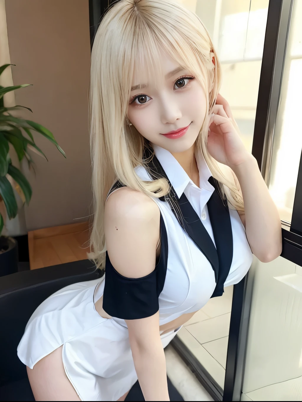 ( Masterpiece, highest quality), 98k, ((Perfect Anatomy:1.3)),Beautiful Japanese Women, Succubus,alone, 18-year-old, Small face,Cute face:1.2,Smiling, Larger breasts, ,Beautifully detailed round eyes, Evenly spaced eyes 1.2, Long platinum blonde hair,Random Hair, (Highly detailed face and skin texture), Beautiful face in golden proportions,White skin,Accentuate your beautiful legs,(Revealing student uniforms:1.2),Random sexy poses, Sunny day,（Standing like a model:1.3）