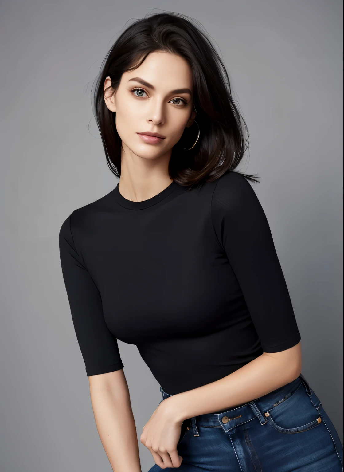 Alafed woman in black shirt and jeans poses for photo, Tight shirt, wearing Tight shirt, wear tight, simple clothes, flat chest, 2 4-year-old female model, wearing a black bodysuit, Tight clothing, Perfect body and face, Black Top, Great face and body, Supermodel body, Full body model, Daniela Uurig, Blue tight T-shirt