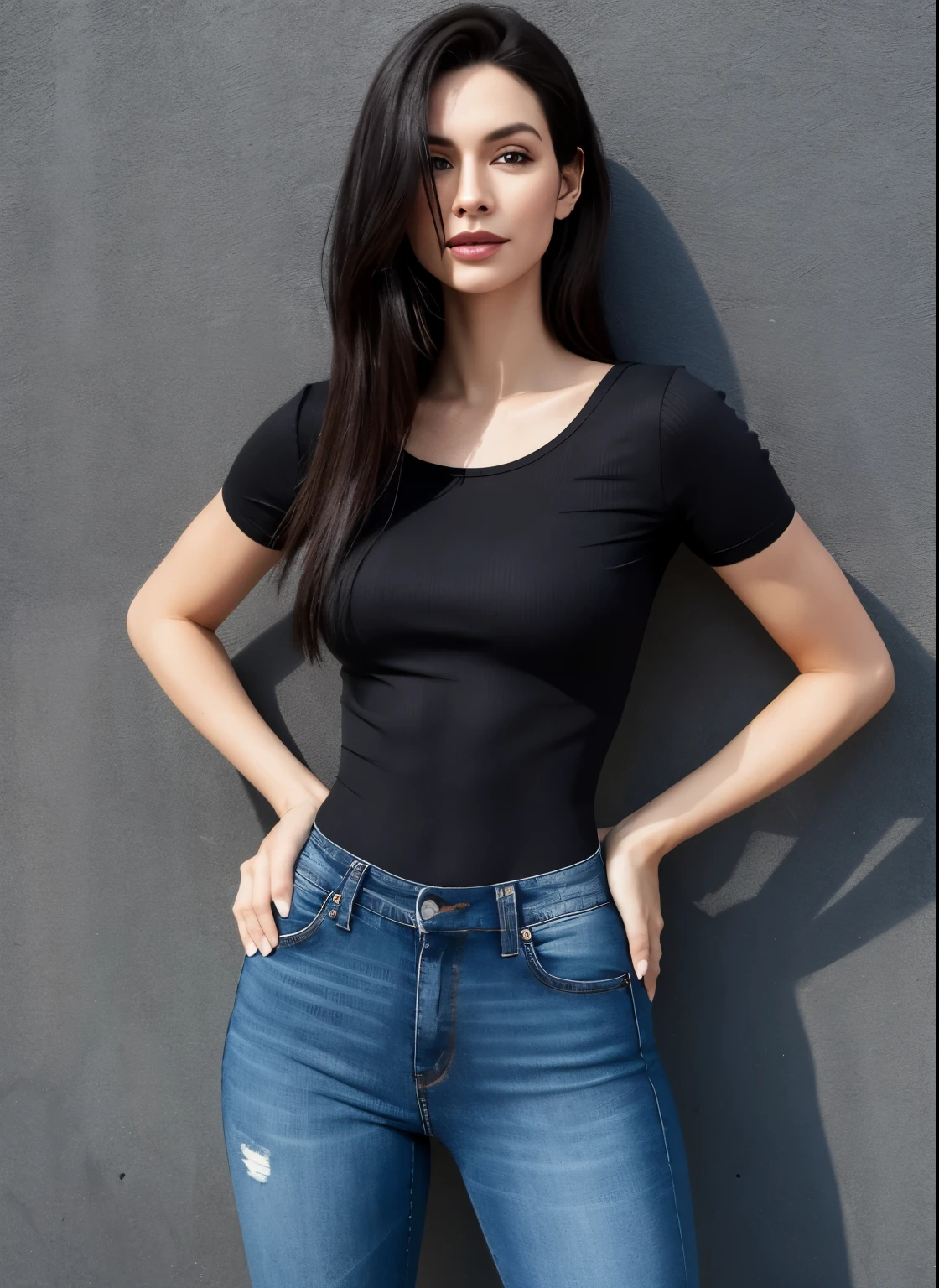 Alafed woman in black shirt and jeans poses for photo, Tight shirt, wearing Tight shirt, wear tight, simple clothes, flat chest, 2 4-year-old female model, wearing a black bodysuit, Tight clothing, Perfect body and face, Black Top, Great face and body, Supermodel body, Full body model, Daniela Uurig, Blue tight T-shirt
