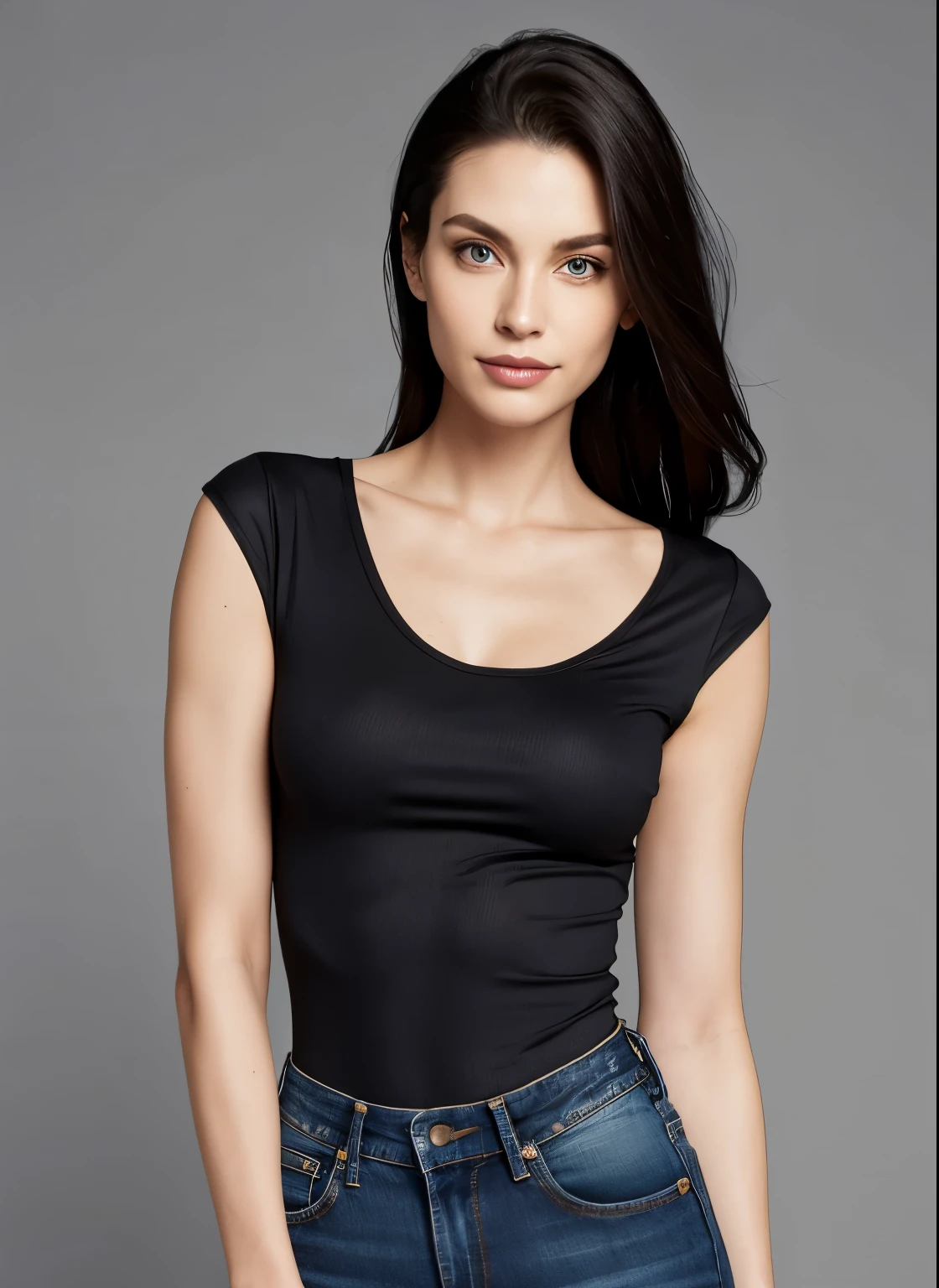 Alafed woman in black shirt and jeans poses for photo, Tight shirt, wearing Tight shirt, wear tight, simple clothes, flat chest, 2 4-year-old female model, wearing a black bodysuit, Tight clothing, Perfect body and face, Black Top, Great face and body, Supermodel body, Full body model, Daniela Uurig, Blue tight T-shirt