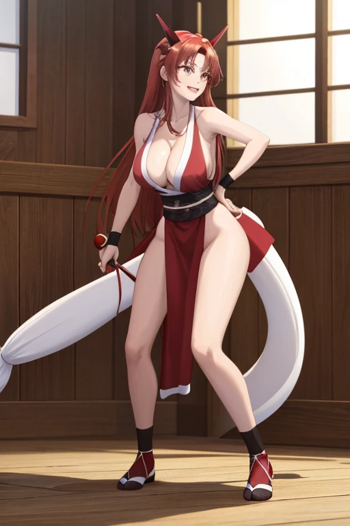 masterpiece, best quality, beautiful art, high resolution, well formed hands, body and fingers, 1 woman, solo, Tania, dragon horns , grown up , adult, hair ribbon,big breasted, cleavage, full body, long hair, hair ornament gorgeous legs and thighs, cosplaying as Mai Shiranui , she is fighting in a combat match at a martial arts tournament, she is getting ready to fight, making her guard pose, action and fighting scene, about to hit the viewer, looking at the viewer, sweating , feeling confident and proud, smiling joyfully and happily, charming her opponent with her beauty, bouncing breasts, fighting scene, martial arts tournament on the beach 