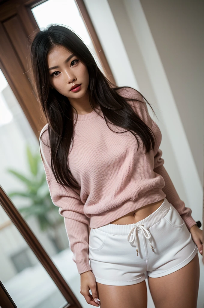 1woman, woman, asian woman, woman, hot woman, asian/Philippines model, beautiful, model, sport shorts, girly shorts, running shorts, casual woman shorts, sweater, cute female sweater, sweater, great figure, perfect proportions, black hair, long black hair, long beautiful hair, bunn in hair, hairbun, hairbun for woman, messy hair bun, messy hair bun, white eyes, perfect beautiful white eyes, detailed white eyes, majestic woman great figure, asian/Philippines, asian woman, light pink lipstick, perfect face, cemeterial face, great body, beautiful body perfect face with white eyes black hair light pink lipstick asian/Philippines,casual clothes, sport shorts, girly shorts, running shorts, casual woman shorts, sweater, cute female sweater, sweater, asian woman, (Thick body, great figure) BREAK highly realistic, perfect image, realistic image, photorealistic, real image, real photo 8k image, high-resolution. [perfect hands, perfect legs, perfect proportions, perfect face, woman] asian woman, beautiful asian woman (white eyes, beautiful white eyes, detailed white eyes) *black hair* *white eyes* *messy hairbun* *sportshorts for woman* *oversized sweater*
