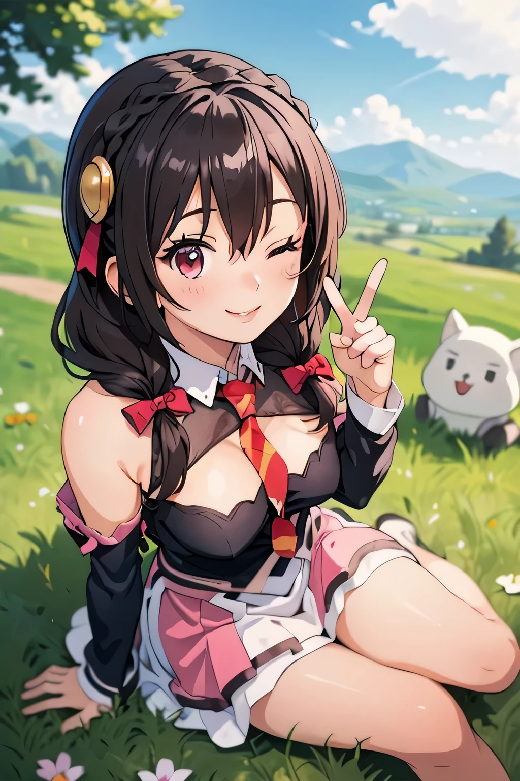 (masterpiece, highest quality), One girl,    Yunyun,Long Hair,Braiding,Twin tails,Hair between the eyes,Hair Ribbon,hair ornaments,Slightly larger breasts,tie,Pink Skirt、Both eyes closed、smile、Girl sitting on the grass、Upward glance、View from above、A peace sign with one hand