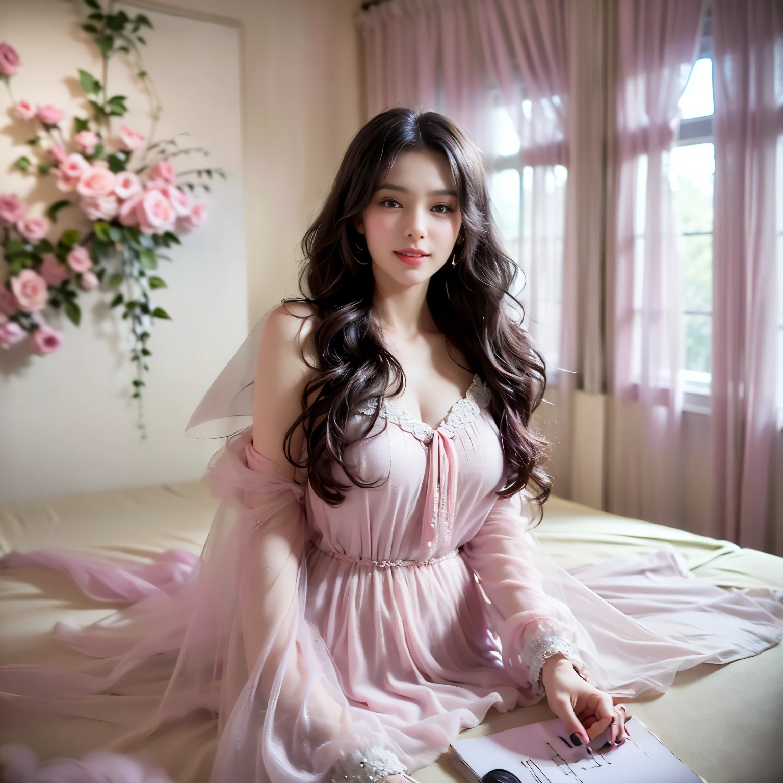 ((top quality、table top、8K、Best image quality))、(1 photo:1.5)、highly saturated、vivid、very bright、1 princess、(pink intricate princess dress:1.3)、(Upper body shot of a woman sitting on a bed:1.5)、(upper body photo:1.5)、(the happiest smile:1.2)、see me、wavy hair、(The background is a very spacious pink and white room:1.3)、(A fairy tale princess room recreated down to the last detail in pink and white..:1.5)、(Room with a sense of openness:1.3)、lipstick、perfect makeup、long eyelashes、white-skinned、(precisely anatomy:1.3)、(huge pink bed:1.3)、(cute curtains:1.2)、(Bulk pink rose decoration:1.1)、(white fur carpet:1.2)、(cute stuffed animals:1.2)、(The most luxurious and cute princess&#39;fairy tale room:1.3)