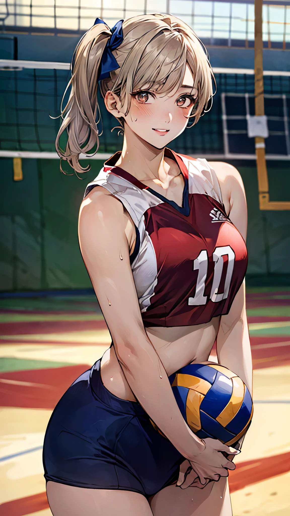 (masterpiece:1.3, top-quality, ultra high resolution, ultra detailed), (realistic, photorealistic:1.4), beautiful illustration, perfect lighting, natural lighting, depth of fields, ,
beautiful detailed hair, beautiful detailed face, beautiful detailed eyes, beautiful clavicle, beautiful body, beautiful chest, beautiful thigh, beautiful legs, beautiful hands,
looking at viewer, 1 girl, high school girl, volleyball player, (perfect anatomy, anatomically correct, super detailed skin), cute and symmetrical face, face, perfect face, perfect eyes,
(short hair:1.4, twintails:1.7, brown hair), swept bangs, gold eyes, long eye lasher, (medium breasts, juicy thighs, attractive thighs), bare arms, bottomless,
((detailed cloth texture, (sleeveless red and navy volleyball uniform), (buruma), (crop top:1.1), ), white hair ribbon),
(beautiful scenery), evening, ((volleyball gymnasium, volleyball cort)), , (lovely smile, parted lips, sweaty),