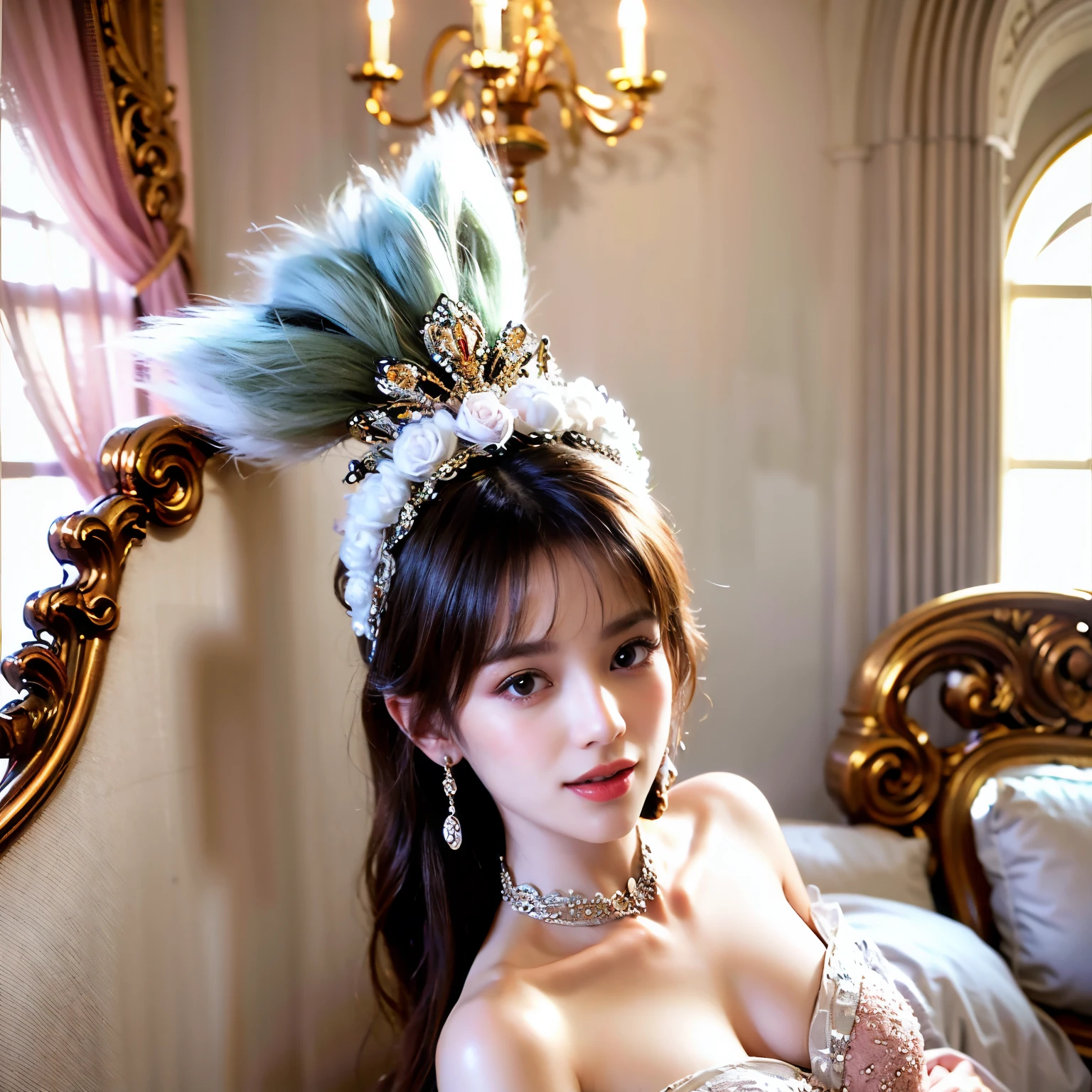 ((top quality、table top、8K、Best image quality))、(1 photo:1.5)、1 princess、very bright and vivid、gorgeous chandelier、(pink intricate princess dress:1.3)、pink rose embellished dress、(Upper body shot of a woman sitting on a bed:1.5)、(upper body photo:1.5)、(the happiest smile:1.2)、see me、wavy hair、(The background is a very spacious pink and white room:1.3)、(A princess's room delicately recreated in pink and white.:1.5)、(Room with a sense of openness:1.3)、lipstick、perfect makeup、long eyelashes、white-skinned、(precisely anatomy:1.3)、(huge pink bed:1.3)、(colorful and cute curtains:1.1)、(A room full of pink roses:1.3)、(가장 Colorful and cute princess room:1.3)、(Colorful and cute princess room:1.2)、Rose decoration on background、(Complex and Delicate Rose:1.3)、(Complex and detailed texture:1.3)、(Complex and detailed background depiction:1.3)、(deep depth of field:1.3)、(clear background:1.3)、Pink、Pink으로 물든 방