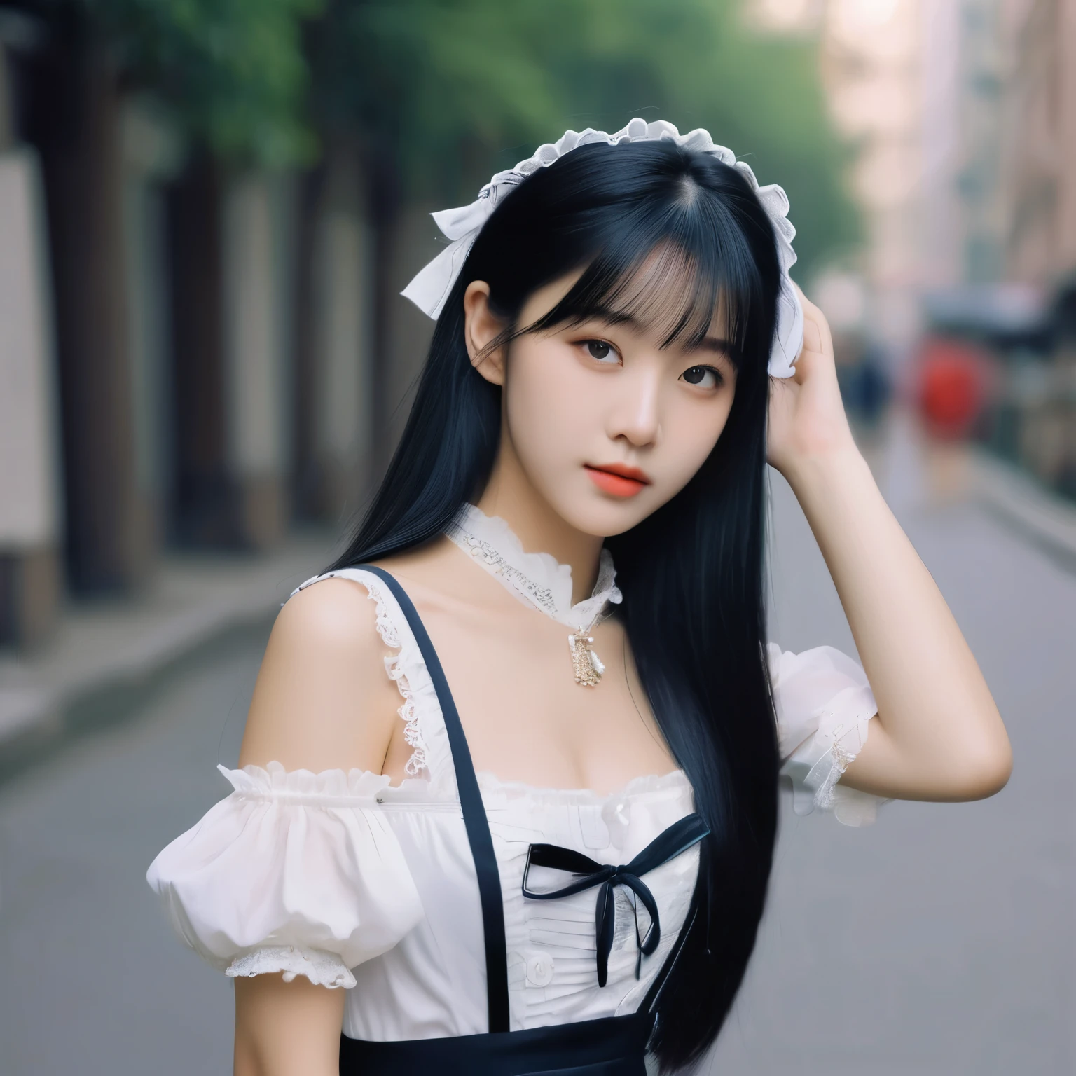 masterpiece,best quality,realistic,photo,real,incredibly_absurdres,Ultra HD,Affectionately looking at you,8K,UHD,in the city street,simple background,upper body,arms behind head,arms behind back,bust photo,
The 18-year-old Chinese girl Wearing a ****ta_fashion,She has black hair. The lines of her face are soft and smooth. Her skin is as fair as snow,soft and delicate,and her eyes are bright and bright,deep and mysterious,making people feel endless charm and appeal. The eyebrows are slender and graceful,the nose is straight and noble,the lips are rosy and seductive,and the slightly raised angle reveals confidence and elegance. Her facial features are delicate and three-dimensional,with well-defined contours,like a fine painting or a finely carved work of art. The overall feeling is gentle,elegant,noble and full of charm.masterpiece,best quality,realistic,photo,real,absurdres,incredibly_absurdres,huge_filesize,bust,girl,kawaii,adorable girl,bishoujo,ojousama,idol,student,long hair,black hair,beautiful detailed eyes,looking at viewer,seductive smile,black eyes,medium breasts,