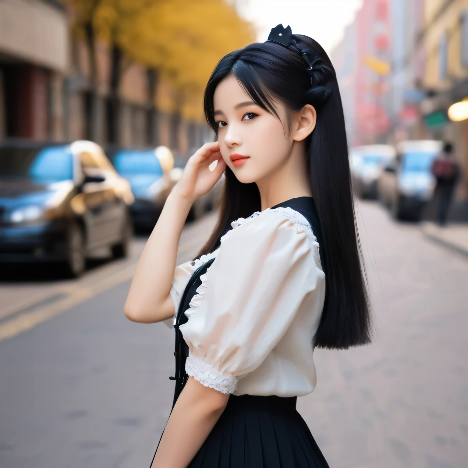 masterpiece,best quality,realistic,photo,real,incredibly_absurdres,Ultra HD,Affectionately looking at you,8K,UHD,in the city street,simple background,upper body,arms behind head,arms behind back,bust photo,
The 18-year-old Chinese girl Wearing a ****ta_fashion,She has black hair. The lines of her face are soft and smooth. Her skin is as fair as snow,soft and delicate,and her eyes are bright and bright,deep and mysterious,making people feel endless charm and appeal. The eyebrows are slender and graceful,the nose is straight and noble,the lips are rosy and seductive,and the slightly raised angle reveals confidence and elegance. Her facial features are delicate and three-dimensional,with well-defined contours,like a fine painting or a finely carved work of art. The overall feeling is gentle,elegant,noble and full of charm.masterpiece,best quality,realistic,photo,real,absurdres,incredibly_absurdres,huge_filesize,bust,girl,kawaii,adorable girl,bishoujo,ojousama,idol,student,long hair,black hair,beautiful detailed eyes,looking at viewer,seductive smile,black eyes,medium breasts,