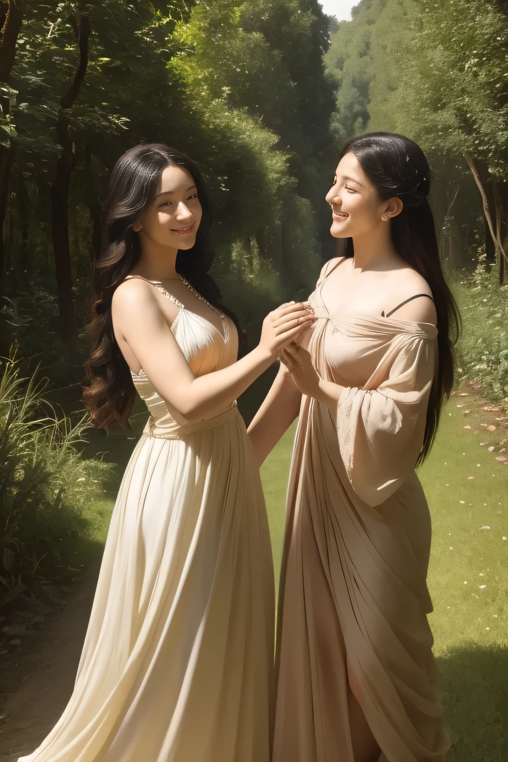 Giorgione painting style,Barbizon forest A beautiful woman in Greek dress smiles on the shore,Sweet and seductive appearance.、Caravaggio's paintings、Chiaroscuro of Caravaggio、hair tousled by the wind,Two women frolicking,cute smile, expression of ecstasy,Sexy,erotic, full body portrait