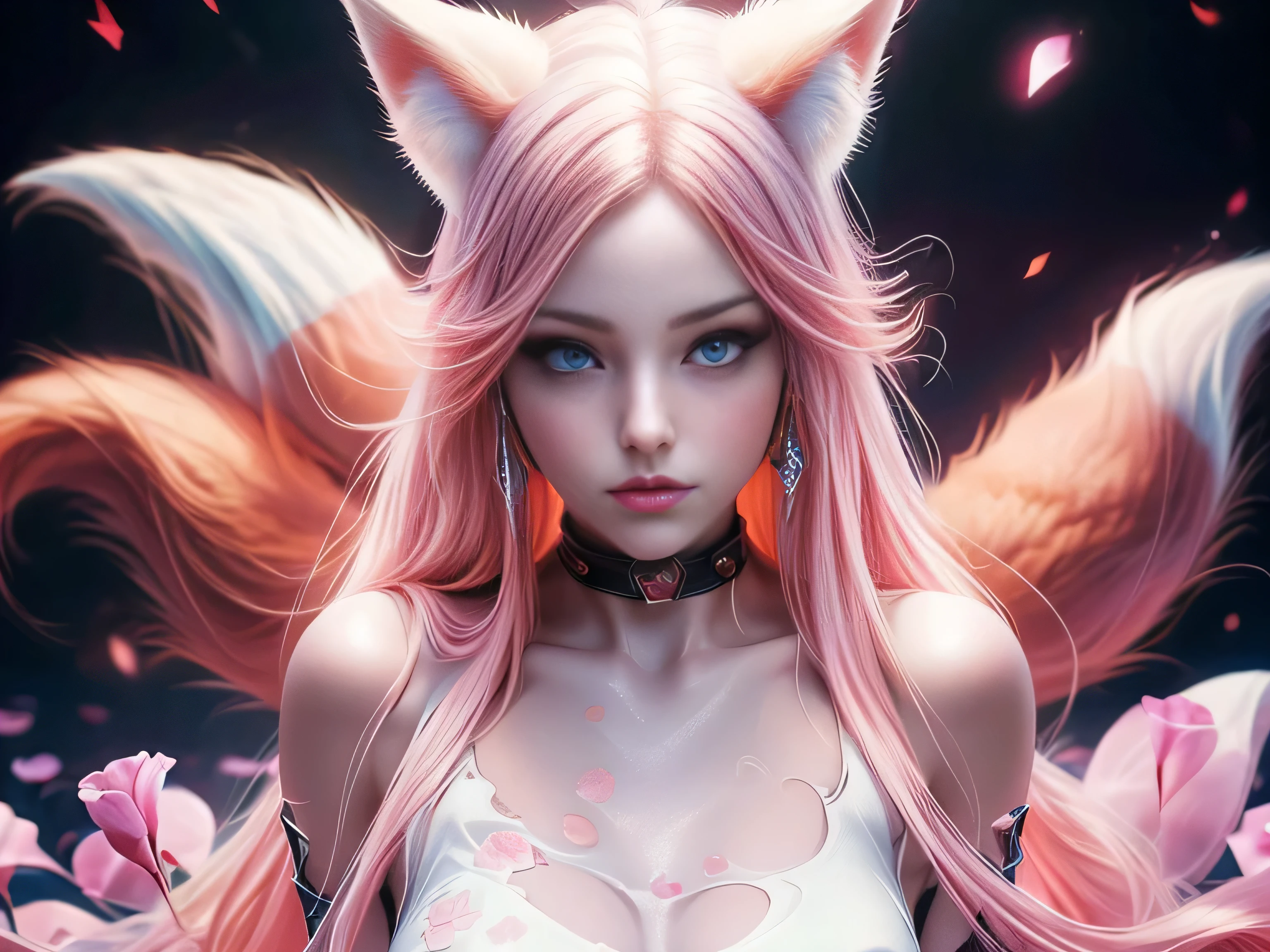 (Best Quality, 8K, Masterpiece, HDR, Soft Lighting, Picture Perfect, Realistic, Vivid), Nine tails of snow white fox(1.0), milk fox tail(1.0), nine tailed fox, anime girl with pink hair and pink, dressed in sexy leather suit, beautiful fantasy anime, very beautiful and cute fox girl, pink flower rain, background blur, anime fantasy, work in the style of Gouves, realistic:1.37, view from above, lies in pink flowers, horizontal view, (ultra high quality fantasy art), masterpiece, male model, ultra high quality female character designs, anime art with 8k development, realistic anime art, highest quality wallpaper illustrations, complex ultra high quality accurate female characters faces, high quality design and accurate physics (super-quality fantasy style)), art, dark fantasy)) Style), masterpieces, super-quality characters, anime resolution - 8K, realistic anime art, wallpapers with the highest quality illustrations, ultra-high detail of faces, high-quality design and physics accuracy), color, depth of field, shadows, ray tracing, production of high-quality computer wallpapers and 8K resolution, (Accurate simulation of the interaction of light and materials)], [High-quality detailed hair [More about beautiful and shiny red hair]], (Beautifully detailed hands [perfect fingers [Perfect nails]], (perfect anatomy (perfect proportions)))) [[Full length]], [Perfect color combination (Accurate imitation of the interaction of light and material)], [art that conveys the meaning of the story ]