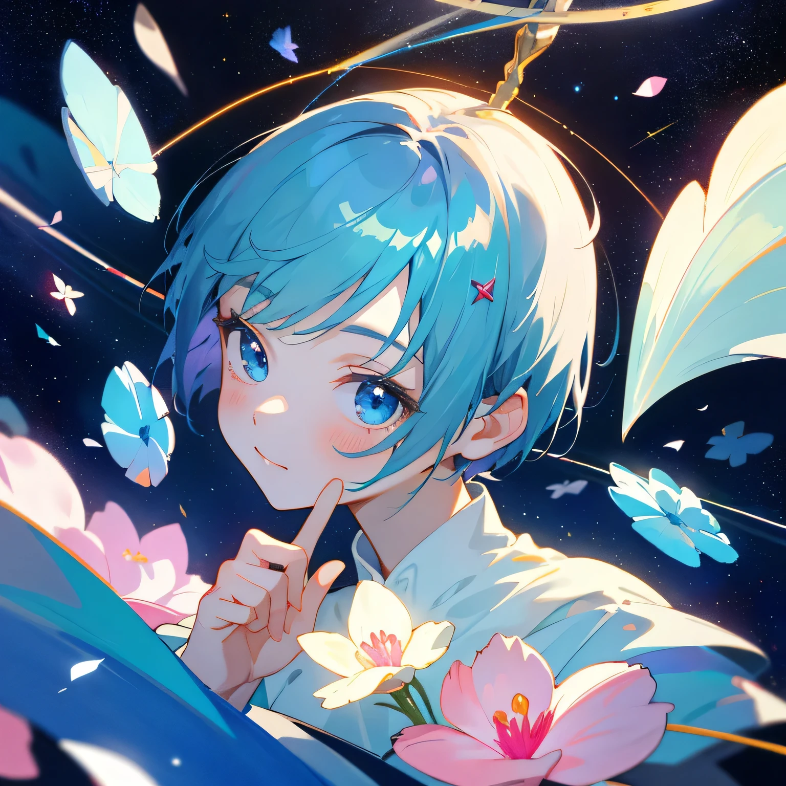 (highest quality、masterpiece、Surreal)、Portrait of a delicate girl with blue short hair making an X with both fingers、The background is space、Twinkle Star,petal、Earth,