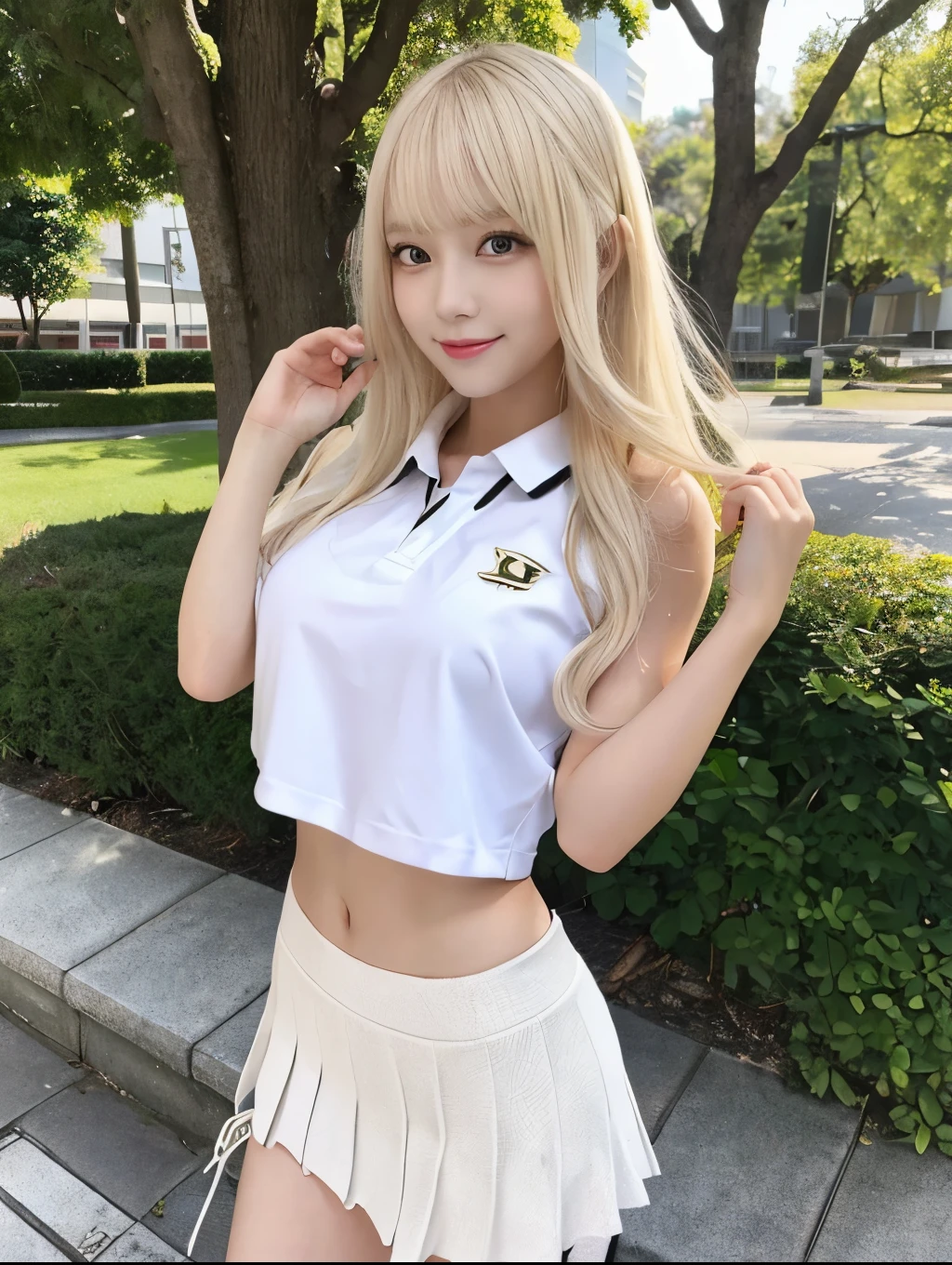 ( Masterpiece, highest quality), 98k, ((Perfect Anatomy:1.3)),Beautiful Japanese Women, Succubus,alone, 18-year-old, Small face,Cute face:1.2,Smiling, Larger breasts, ,Beautifully detailed round eyes, Evenly spaced eyes 1.2, Long platinum blonde hair,Random Hair, (Highly detailed face and skin texture), Beautiful face in golden proportions,White skin,Accentuate your beautiful legs,(Revealing student uniforms:1.2),Random sexy poses, Sunny day,（Standing like a model:1.3）