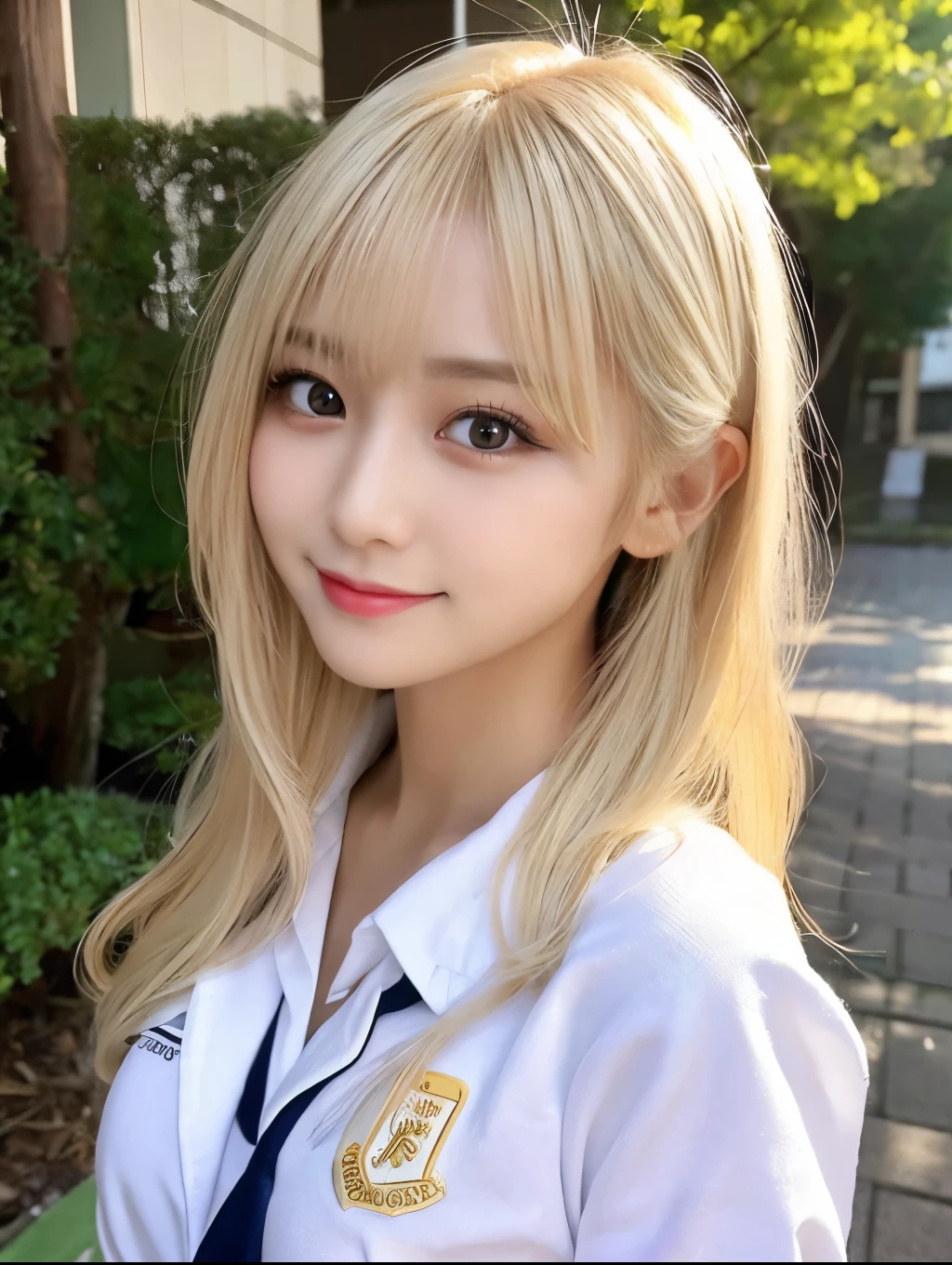 ( Masterpiece, highest quality), 98k, ((Perfect Anatomy:1.3)),Beautiful Japanese Women, Succubus,alone, 18-year-old, Small face,Cute face:1.2,Smiling, Larger breasts, ,Beautifully detailed round eyes, Evenly spaced eyes 1.2, Long platinum blonde hair,Random Hair, (Highly detailed face and skin texture), Beautiful face in golden proportions,White skin,Accentuate your beautiful legs,(Revealing student uniforms:1.2),Random sexy poses, Sunny day,(Standing like a model:1.3)