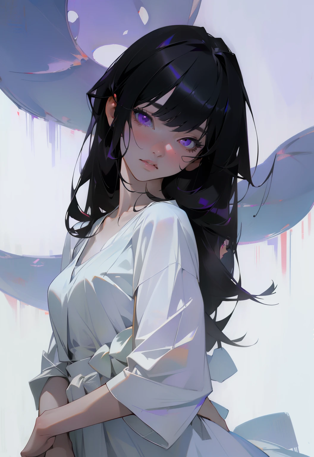 ((masterpiece)), (best quality), (absurdres), (photorealistic:1.4), black hair, yamamura_sadako, white dress, (fair skin), bangs, purple eyes, beautiful