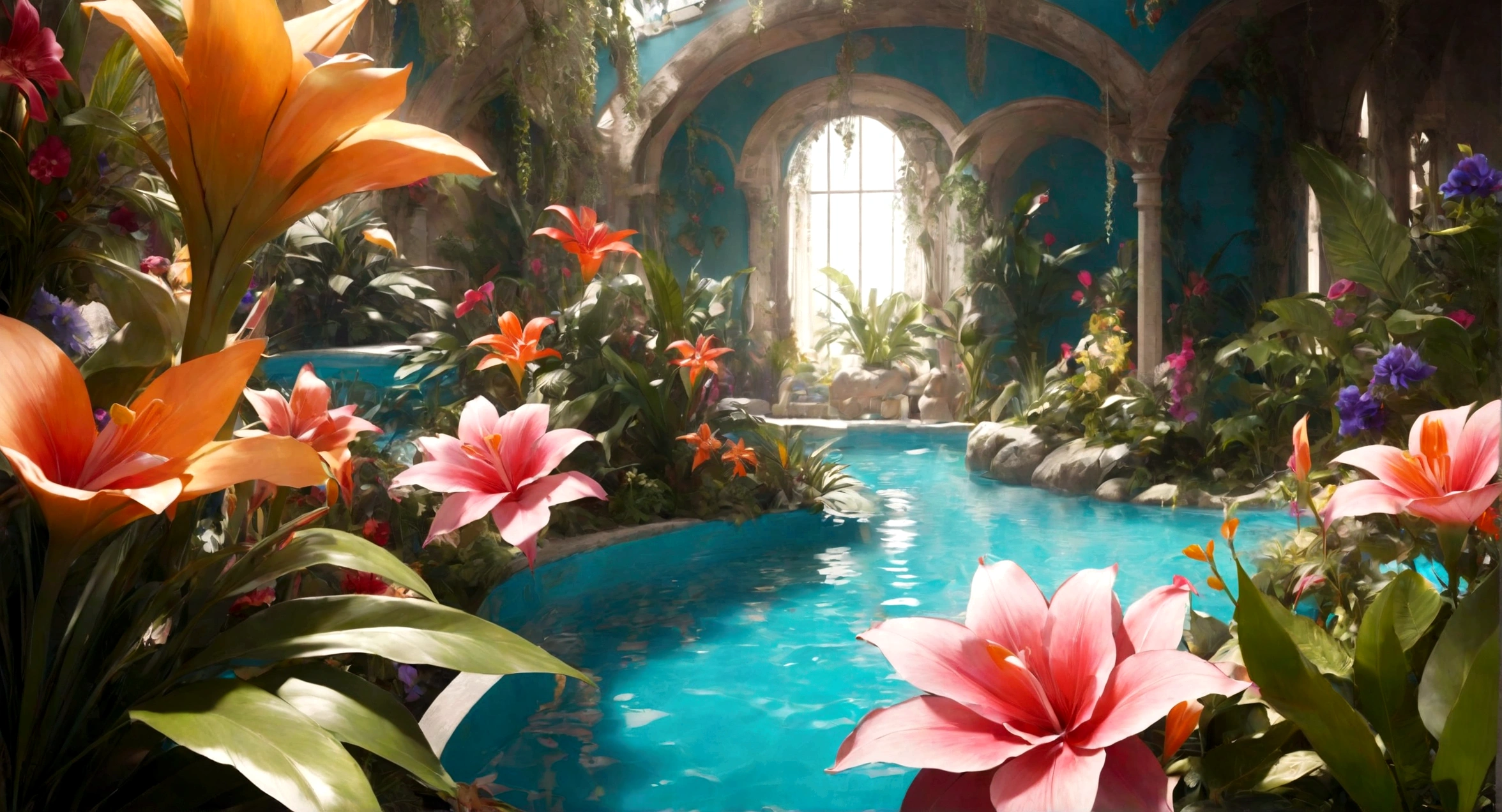 very beautiful, exotic flowers of unusual shapes, very lush and luxurious, multi-colored, very realistic cinematic photo,