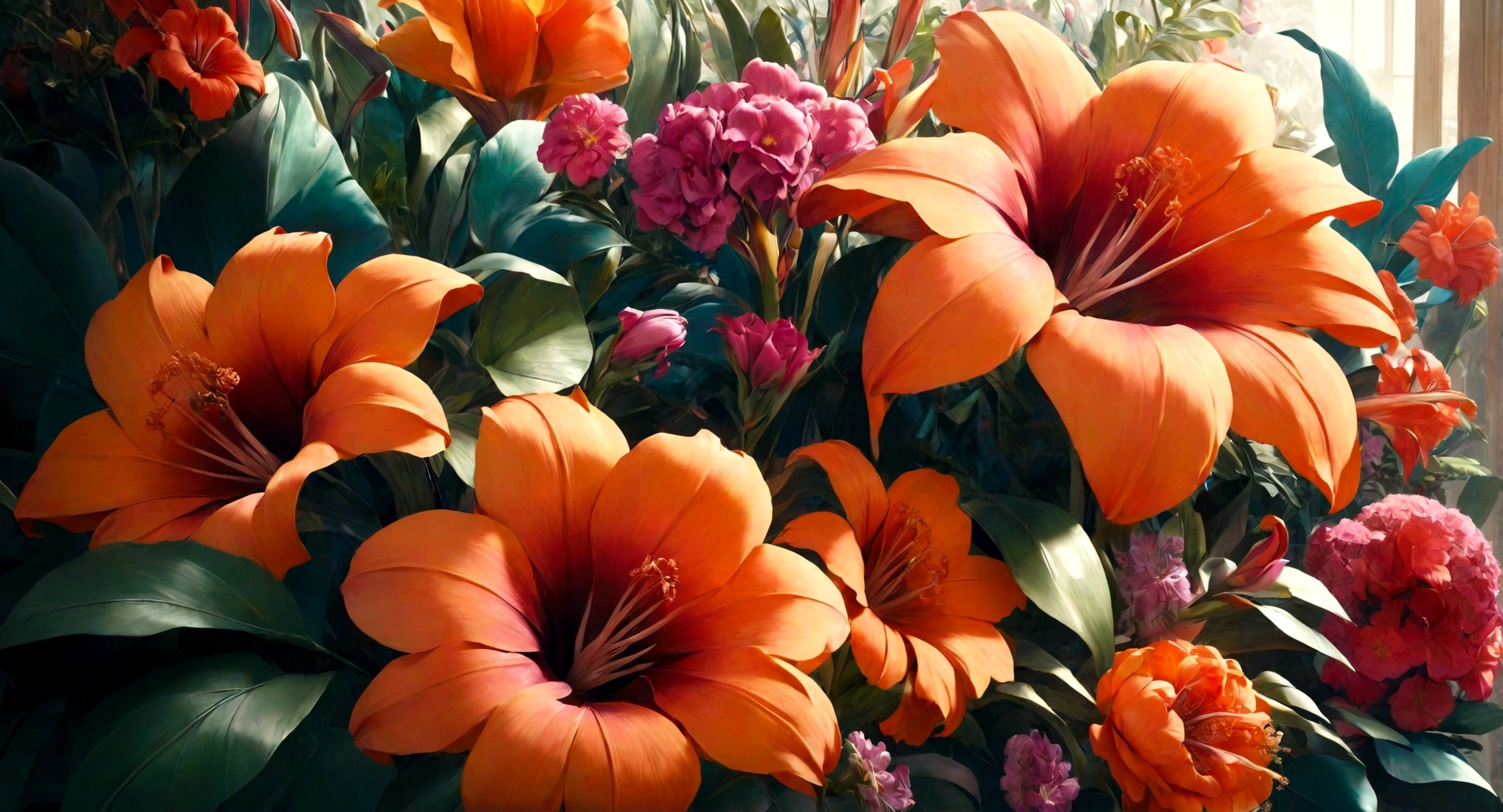 very beautiful, exotic flowers of unusual shapes, very lush and luxurious, multi-colored, very realistic cinematic photo,