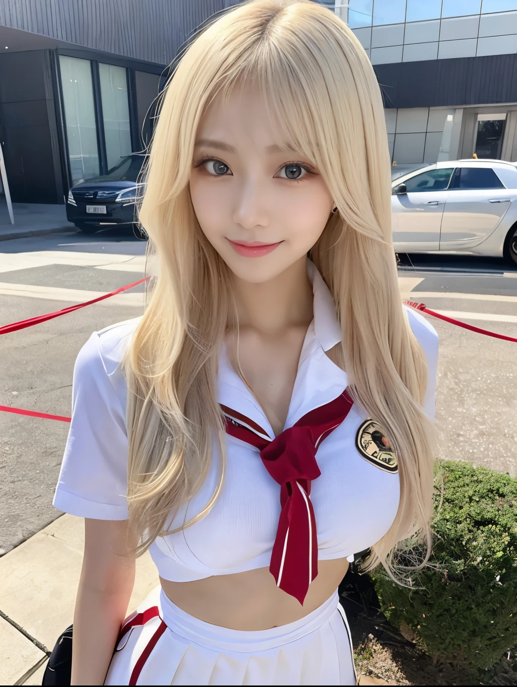 ( Masterpiece, highest quality), 98k, ((Perfect Anatomy:1.3)),Beautiful Japanese Women, Succubus,alone, 18-year-old, Small face,Cute face:1.2,Smiling, Larger breasts, ,Beautifully detailed round eyes, Evenly spaced eyes 1.2, Long platinum blonde hair,Random Hair, (Highly detailed face and skin texture), Beautiful face in golden proportions,White skin,Accentuate your beautiful legs,(Revealing student uniforms:1.2),Random sexy poses, Sunny day,(Standing like a model:1.3)