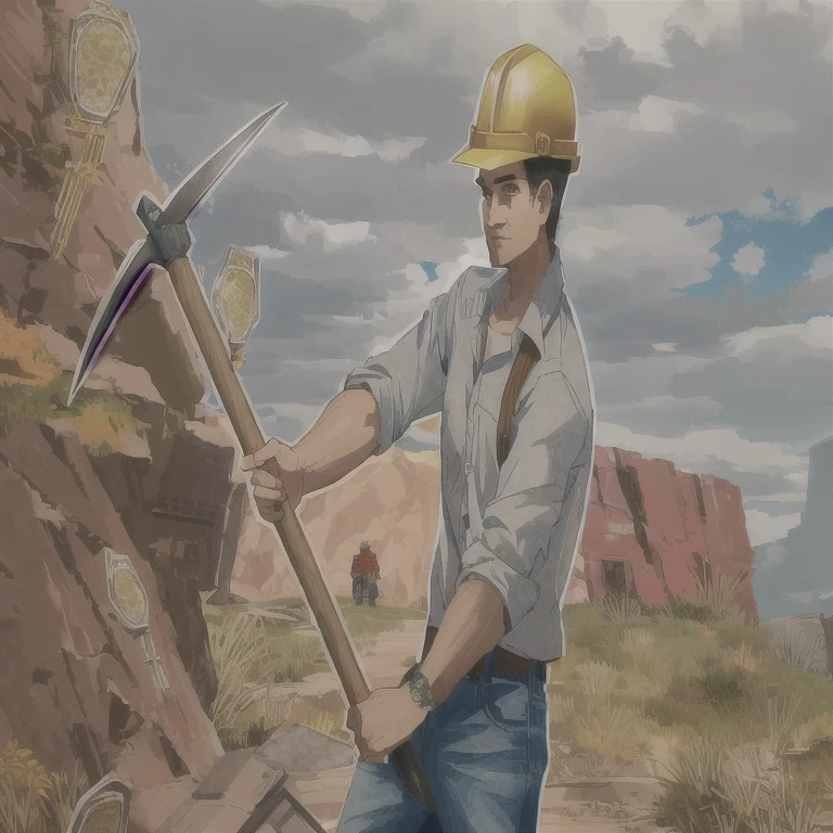 miner,A man holding a pickaxe,Stand sideways,No background