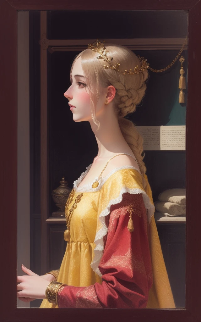 Arafed portrait of a woman in a yellow dress and a red and gold dress, Inspired by Domenico Ghirlandaio, Inspired by Ridolfo Ghirlandaio, Portrait of Helen of Troy, Portrait of a priestess, Inspired by Giovanni Bernardino Asoleni, Inspired by Domenico Quario the Younger