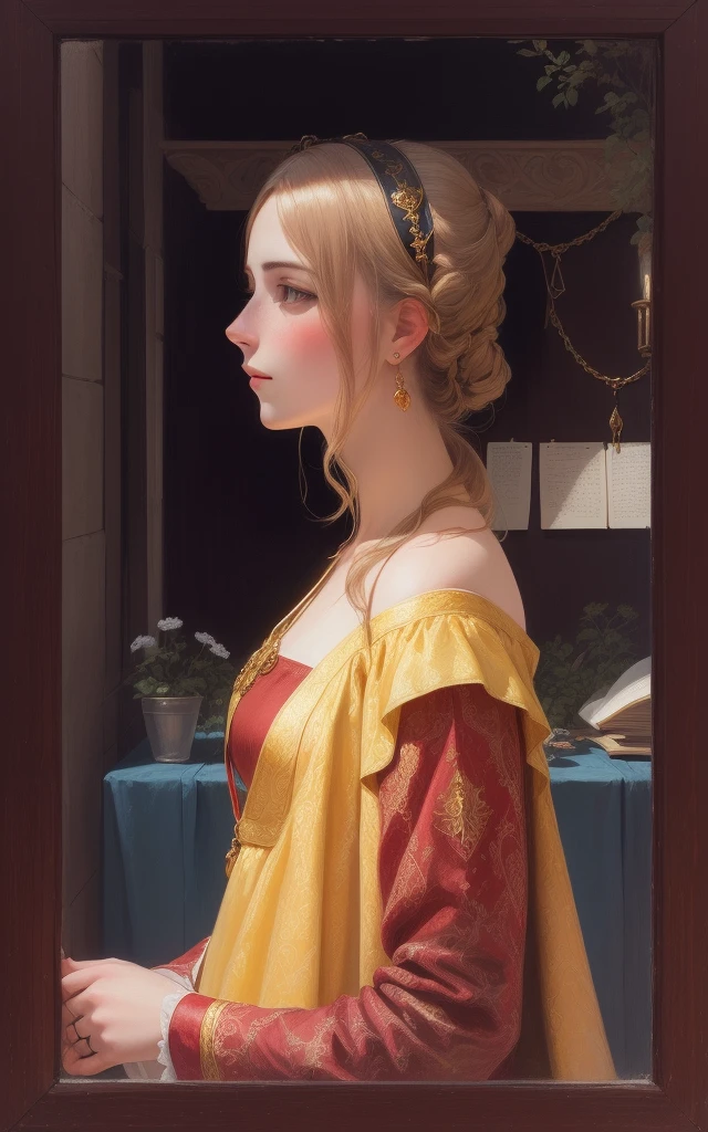 Arafed portrait of a woman in a yellow dress and a red and gold dress, Inspired by Domenico Ghirlandaio, Inspired by Ridolfo Ghirlandaio, Portrait of Helen of Troy, Portrait of a priestess, Inspired by Giovanni Bernardino Asoleni, Inspired by Domenico Quario the Younger