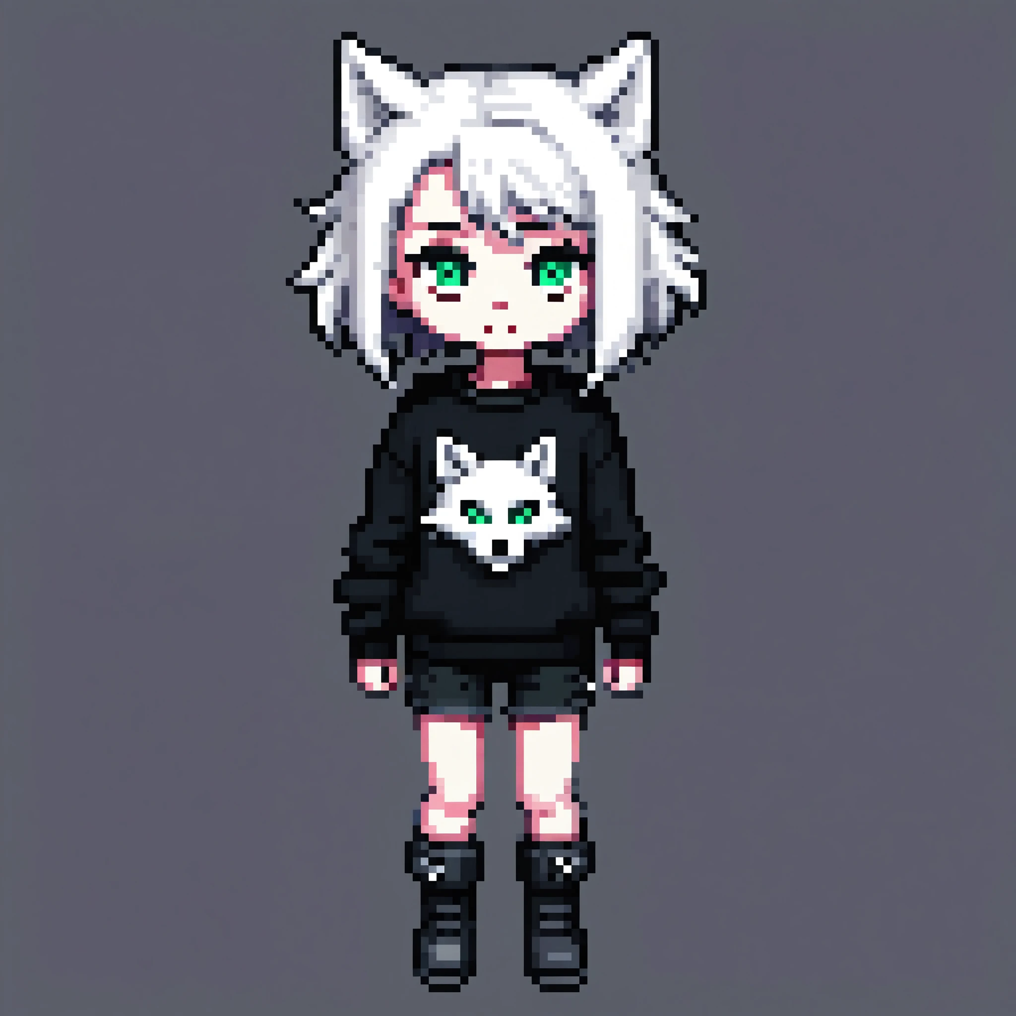A -yeld , ale, with white skin (the color is white), black sweater, black boots and black wool shorts.  wolf cut hair and her eyes are the same as Frisk from Undertale.  whole body pixel or cartoon style