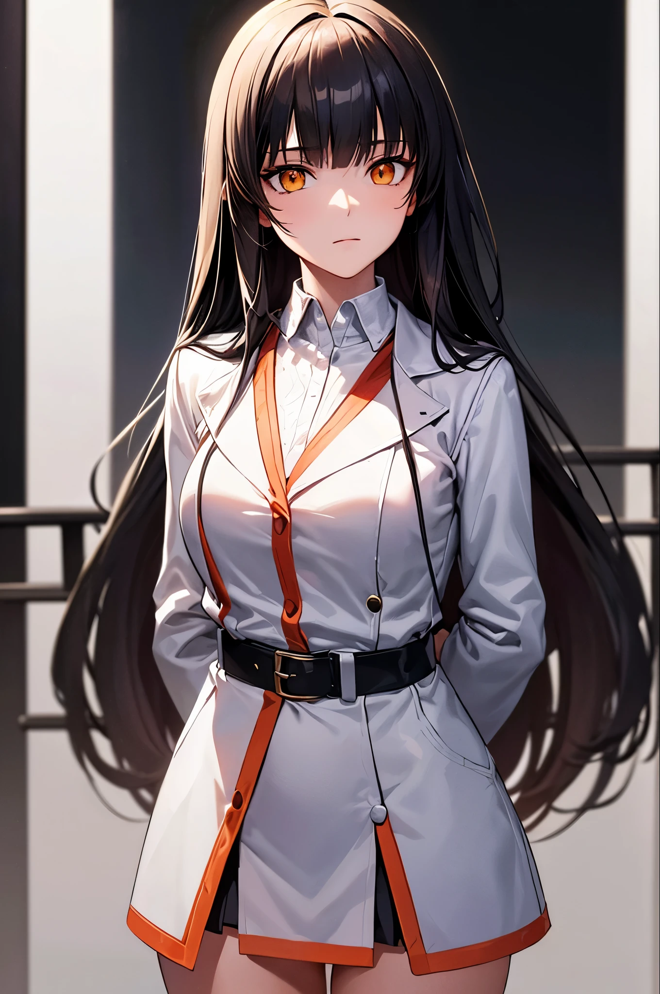 c.c., Expressionless, , (masterpiece, highest quality, Super detailed, Best Shadow, Volumetric lighting), (Beautifully detailed face, Beautiful fine details), (Best lighting),, Orange eyes, Very long hair, (White straitjacket:1.4), Black belt, , (Cowboy Shot:1.3), intense angle,, mksks style, Beautiful background, Professional Lighting, Warm coloured landscape,