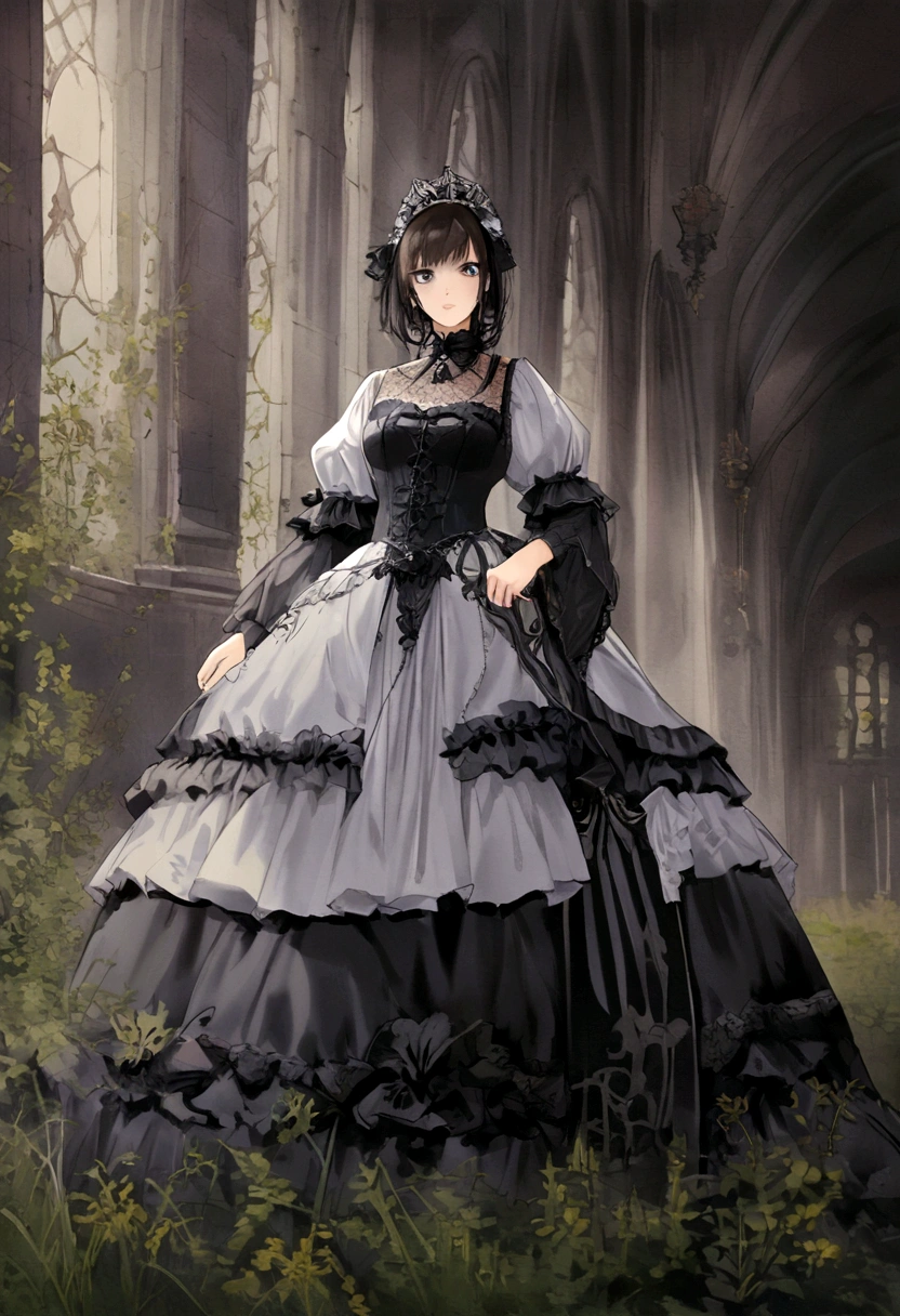 (Super meticulous),(full bodyesbian:1.2), a close up of a woman in a dress standing in a field, victorian gothic lolita fashion, black gothic lolita dress, wearing a gothic dress, lolita style, baroque dress, rococo dress, fantasy style clothing, dark astral dress, gothic dress, an elegant gothic princess, wearing modern gothic clothes, gothic style, historical baroque dress dark, in detailed steampunk dress, gothic clothes, (beautiful detailed face),(Beautiful and delicate eyes),