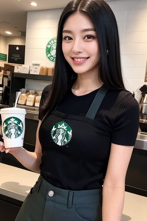 Black Hair sleek long hair 22 years old double double teeth mischievous smile Wise eyes big ears refreshing Natural Makeup Ultra-realistic Starbucks ribbed knit and apron skinny pants Mole Starbucks Employee she'Brewing coffee stylish Height 160cm three size: 82.57.79