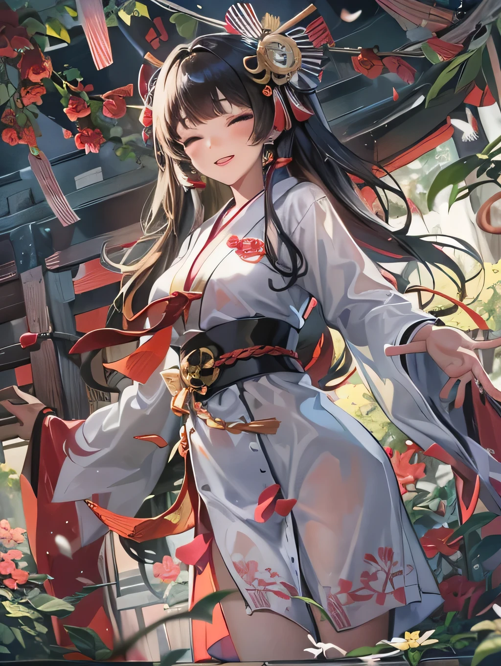 (wonder style), (solo, make-up) ((blunt bangs)) (black hair long hair shrine maiden cute girl, sexy closed eyes, sexy smile), ((15 yo)), in a shrine maden clothes, in the Dazaifu Tenmangu Shrine, BREAK, (perfect anatomy, masterpiece, best quality, 16k, beautiful detailed grow, daydreaming expression).