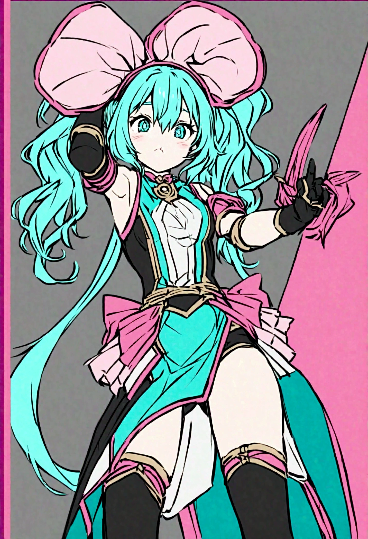 Let's start with a base illustration of a young female character.
Adjust the hair color to Hatsune Miku's iconic turquoise blue.
Style the hair to be very long, reaching below the waist, in twin tails. Ensure the twin tails are evenly balanced and neatly wrapped at the top.
Give the hair a glossy appearance and a slightly voluminous texture.
Create a youthful and cute facial expression with large, expressive eyes. The eye color should be a bright shade of blue.
Give her a characteristic slim and body frame.
Remove the distinctive outfit consisting of a sleeveless top, tie, and pleated skirt. Include shades of teal and black in the color scheme.
Include signature accessories such as a futuristic headset, microphone, and detachable sleeves.
Optionally, add knee-high boots or thigh-high socks in matching color tones.
Provide a background that complements the aesthetic, such as a futuristic cityscape or a concert stage with colorful lights.
Please note that due to the complexity of the instructions, it may be challenging for an AI to accurately generate an image based on the exact specifications provided.
Please draw it in a sketch-like style, resembling an idea sketch.
A drawing that looks like it was done with a pencil. A picture drawn in a messy manner. A drawing done with hesitation.Soft Joints - Dancer's Joints - Twisting the Hips Dramatically - No Use of Black in Outlines - Pink Illumination - Lowered Gaze - Slender Eyes - Puffy Cheeks - Visible Abdominal Skin - Hair Color is Aqua - Hair Doesn't Turn Green - Employing Light Pastel Colors for Outlines.