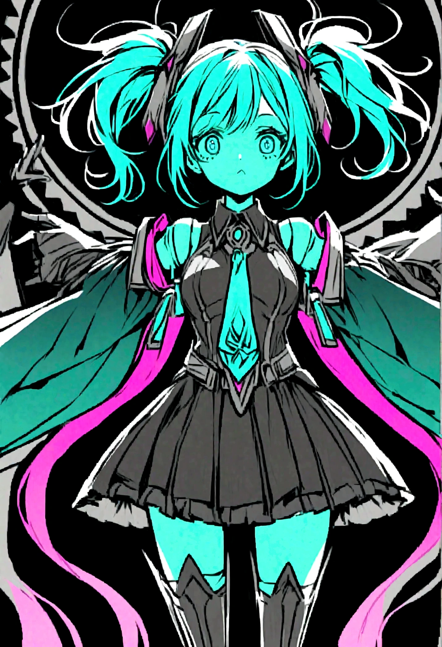 Let's start with a base illustration of a young female character.
Adjust the hair color to Hatsune Miku's iconic turquoise blue.
Style the hair to be very long, reaching below the waist, in twin tails. Ensure the twin tails are evenly balanced and neatly wrapped at the top.
Give the hair a glossy appearance and a slightly voluminous texture.
Create a youthful and cute facial expression with large, expressive eyes. The eye color should be a bright shade of blue.
Give her a characteristic slim and body frame.
Remove the distinctive outfit consisting of a sleeveless top, tie, and pleated skirt. Include shades of teal and black in the color scheme.
Include signature accessories such as a futuristic headset, microphone, and detachable sleeves.
Optionally, add knee-high boots or thigh-high socks in matching color tones.
Provide a background that complements the aesthetic, such as a futuristic cityscape or a concert stage with colorful lights.
Please note that due to the complexity of the instructions, it may be challenging for an AI to accurately generate an image based on the exact specifications provided.
Please draw it in a sketch-like style, resembling an idea sketch.
A drawing that looks like it was done with a pencil. A picture drawn in a messy manner. A drawing done with hesitation.Soft Joints - Dancer's Joints - Twisting the Hips Dramatically - No Use of Black in Outlines - Pink Illumination - Lowered Gaze - Slender Eyes - Puffy Cheeks - Visible Abdominal Skin - Hair Color is Aqua - Hair Doesn't Turn Green - Employing Light Pastel Colors for Outlines.