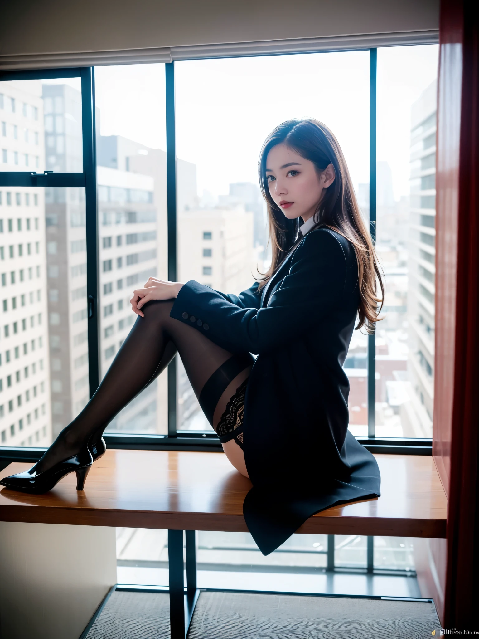 (((masterpiece))), (((highest quality: 1.4))), ((Very detailed: 1.4)) , ulzzang-6500-v1.1, (RAW Photos:1.2), (Realistic), (See through:1.3), (masterpiece), (masterpiece). (Genuine:1.4), Very detailed, Sharp focus, A woman wearing black stockings is sitting on a window sill, Stockings and skirt, Wearing stockings, pantyhose tights, Wearing stockings. Side view, Elegant legs, lady in black coat and pantyhose, Huge legs towering over you, Whole Foot, Thick legs, Nylon tights, Crossing your legs, pantyhose, Silk stockings, Attractive pose, Sexy dominant pose