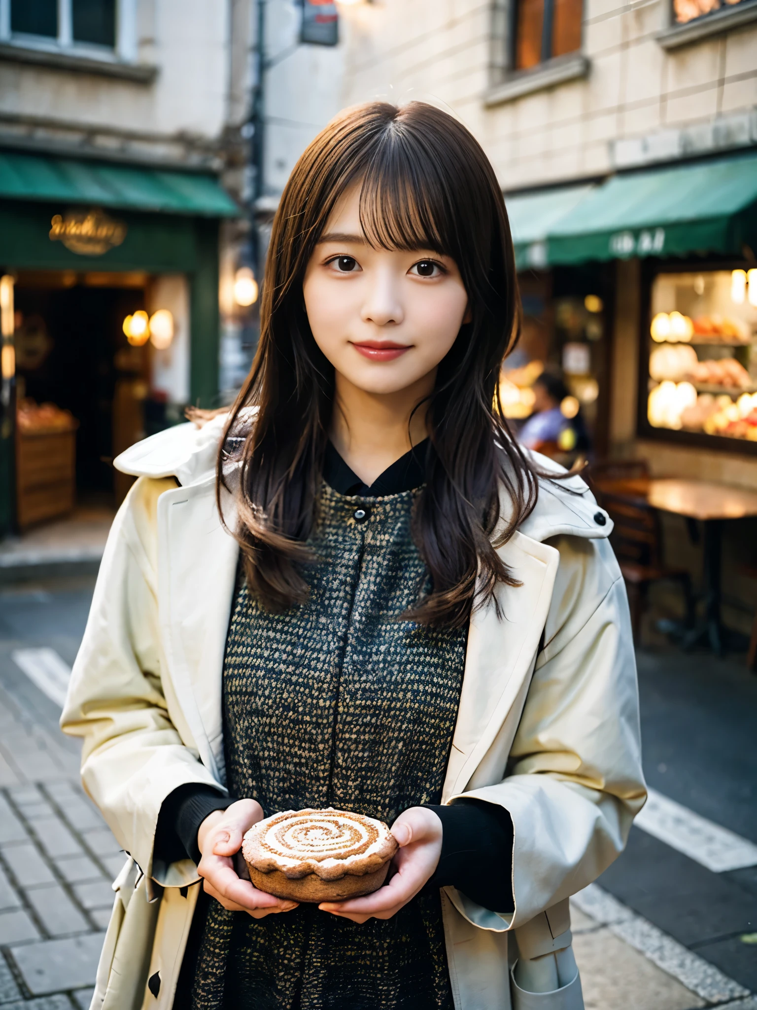  (8K, RAW photo, highest quality, masterpiece:1.3), (realistic, photo-realistic:1.4), (Highly detailed 8K wallpaper), sharp focus, Depth of written boundary,
 japanese idol,very cute, (coat:1.3),(long hair: 1.3), Upper body, highly detailed face and eyes,((shiny skin:1.2)), cinematic lighting, soft light, blur background,( An old European village street in the early morning, cobblestone roads, with a bakery emitting a warm glow and inviting aroma.)