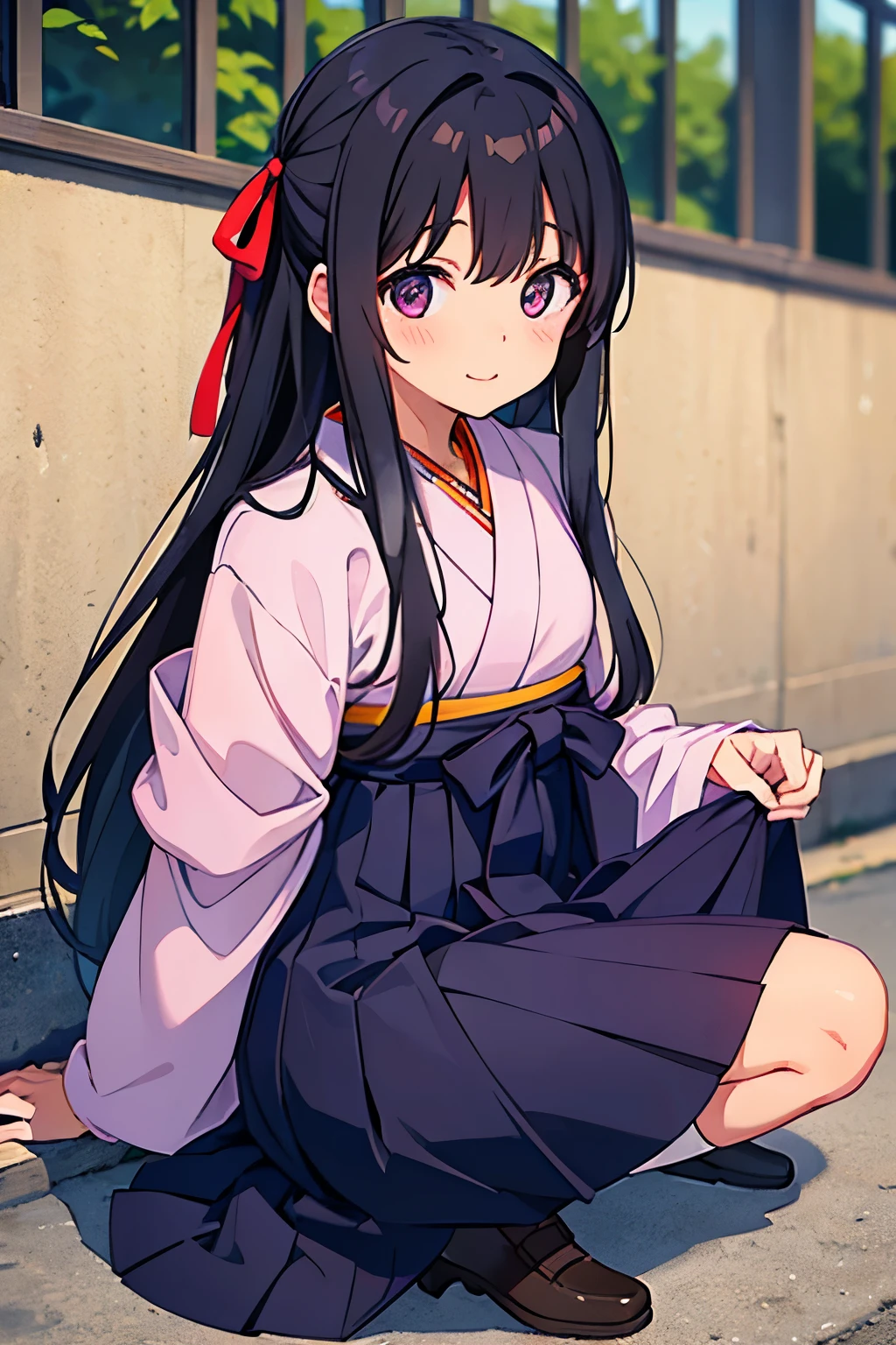 , 8 years old, flat chesir, long hair　Ribbon on head　Ms. Haikara　 Purple eyes smile（one person） Upper body: Taisho period kimono　Lower body: Hakama from the Taisho period　White panties（（I can see her panties））White socks　Brown boots　Crouching　 Rural landscape　Dynamic angle Low angle