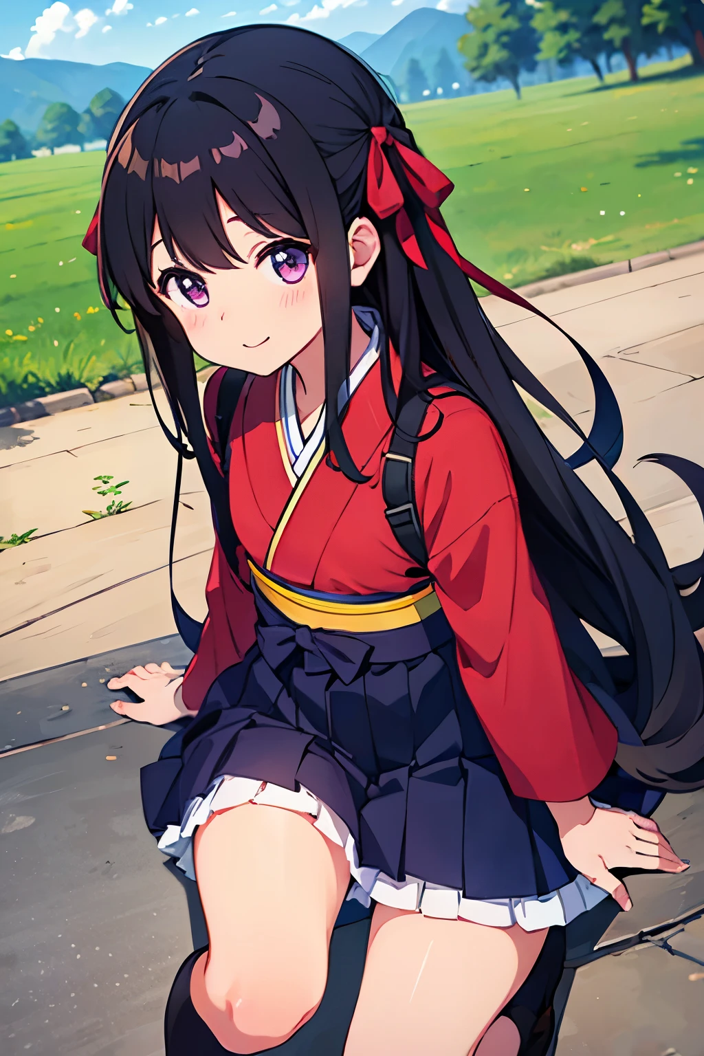 Elementary school girl, , flat chest, black hair, long hair Ribbon on head Ms. Haikara Purple eyes smile(one person) Upper body: Taisho period kimono Lower body: Hakama from the Taisho period White panties((I can see her panties))White socks Brown boots Crouching Rural landscape Dynamic angle Low angle