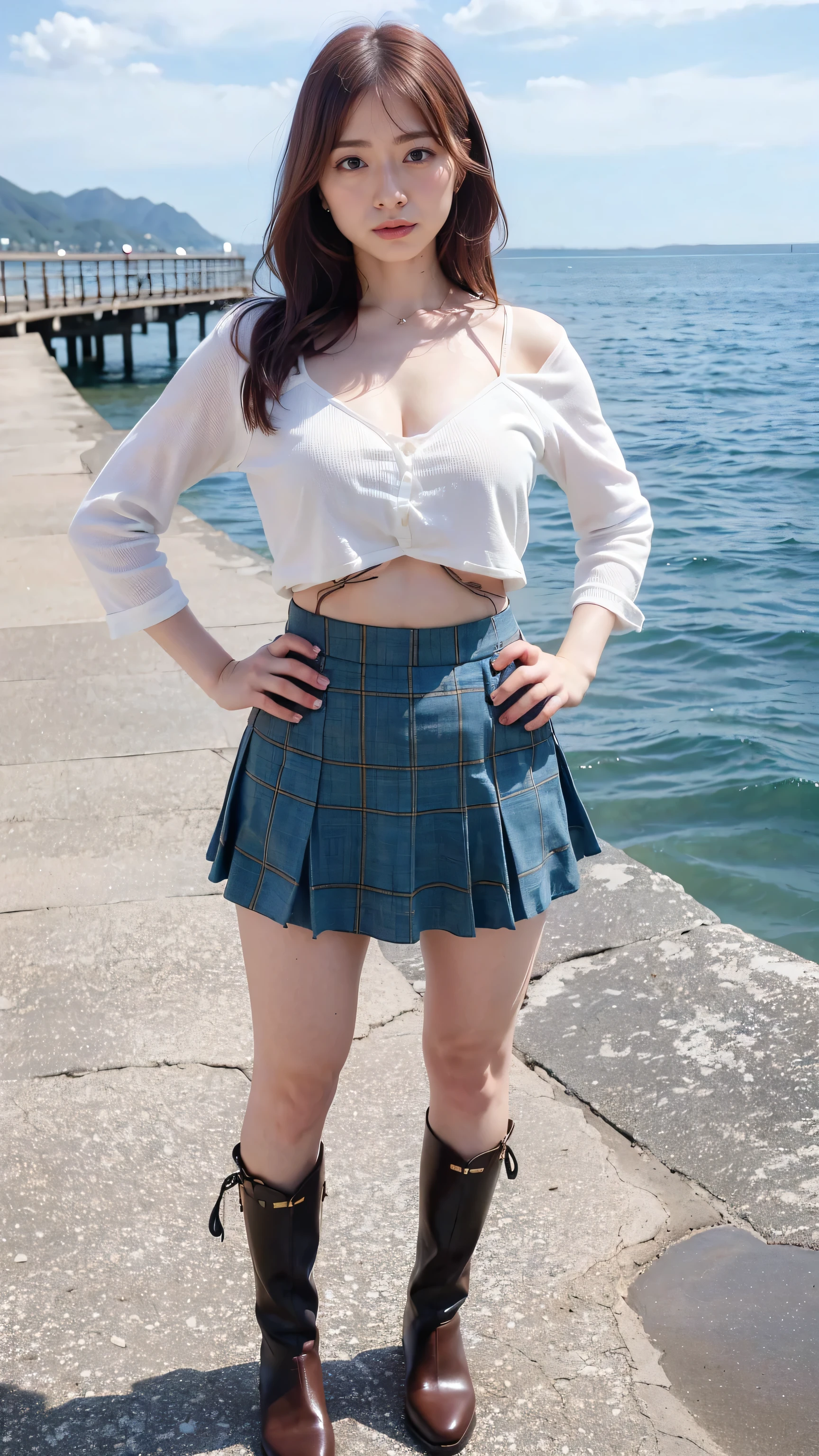(8k、RAW Photos、highest quality、masterpiece:1.2)、(Realistic、Realistic)、1 girl、((bra、mini skirt、Big Breasts、boots、whole body、In the sea、View from the front、Looking into the camera、Standing with hands on hips))、
